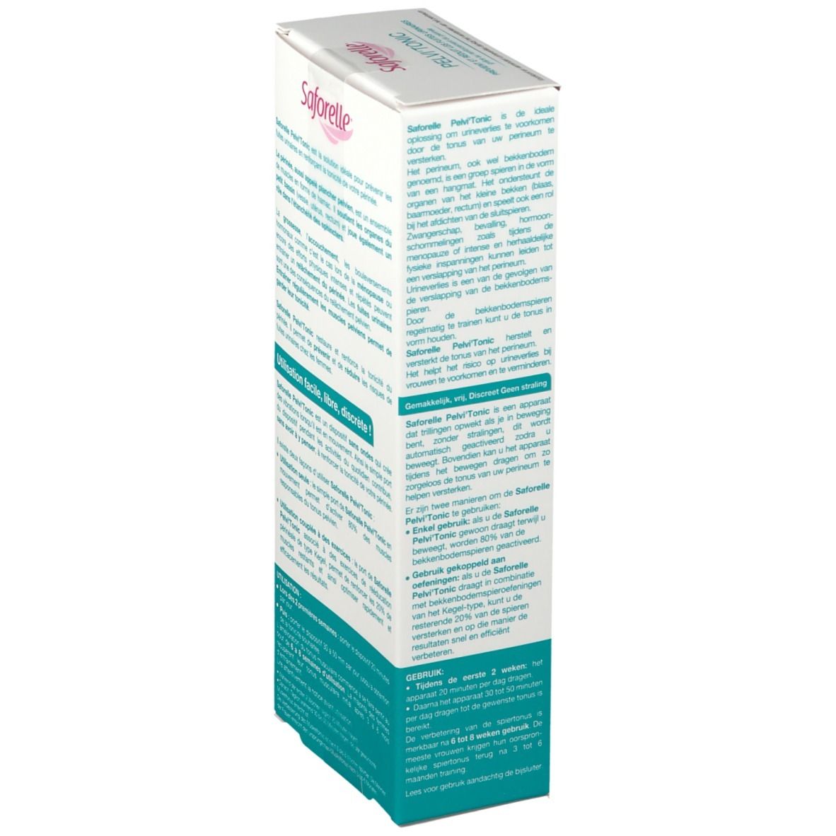 Boîte Saforelle Pelvi'Tonic, dos. Texte: Informations produit, instructions d'utilisation. Produit rose visible.