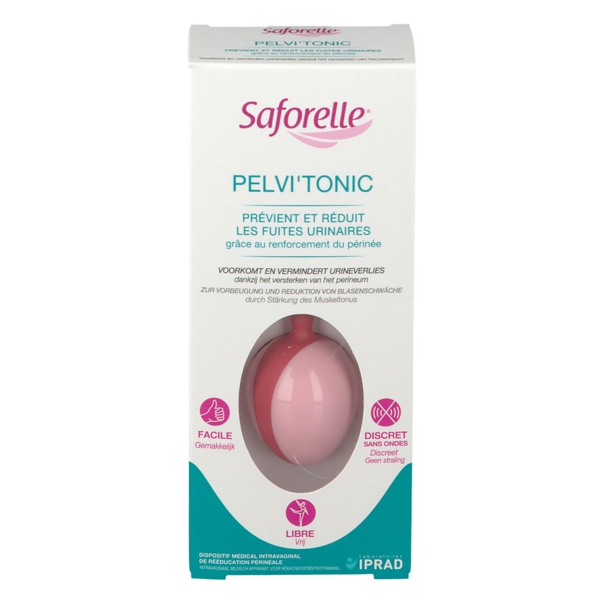 Boîte Saforelle Pelvi'Tonic. Produit rose visible. Texte: Pelvi'Tonic, prévient et réduit les fuites urinaires.