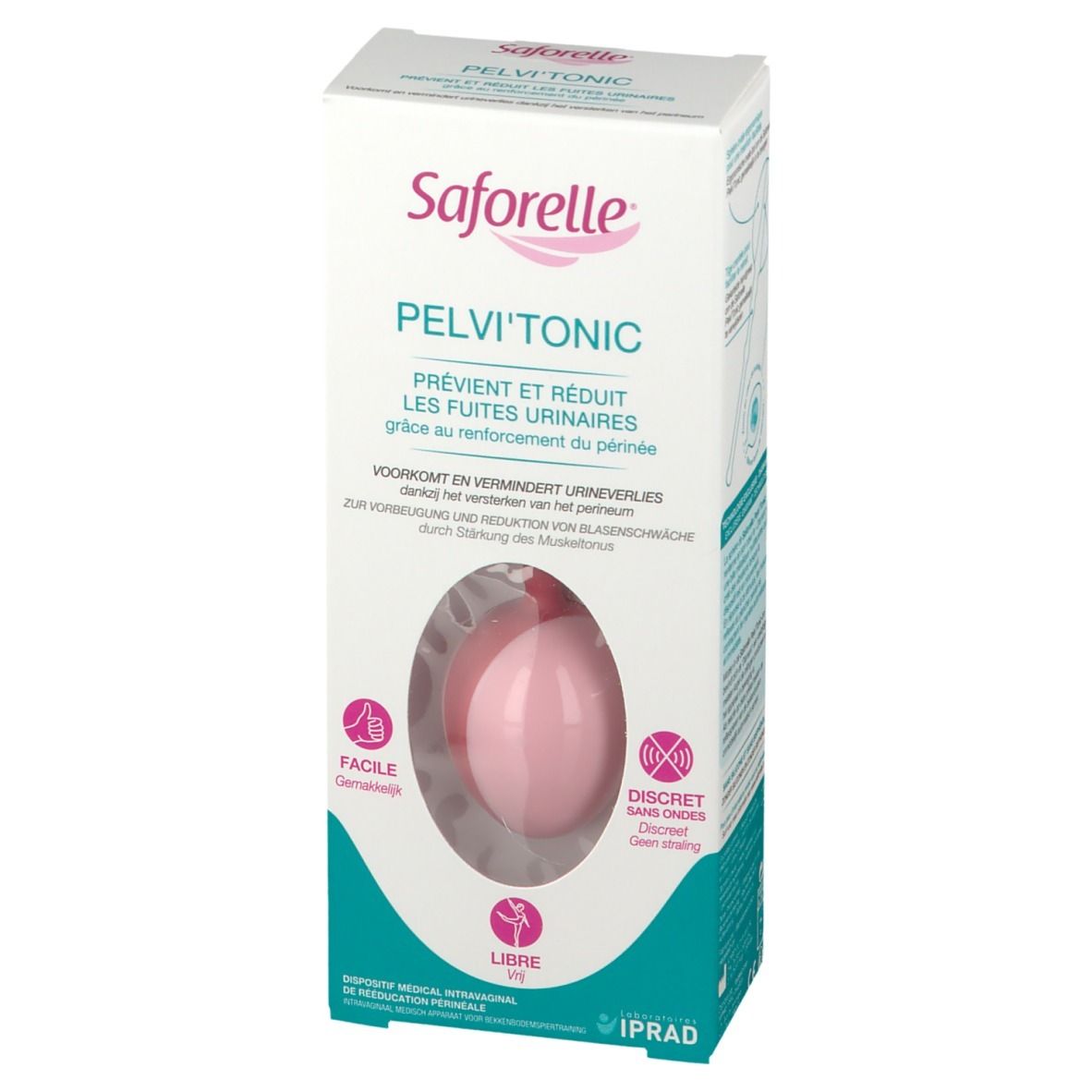 Boîte Saforelle Pelvi'Tonic. Produit rose visible. Texte: Pelvi'Tonic, prévient et réduit les fuites urinaires.