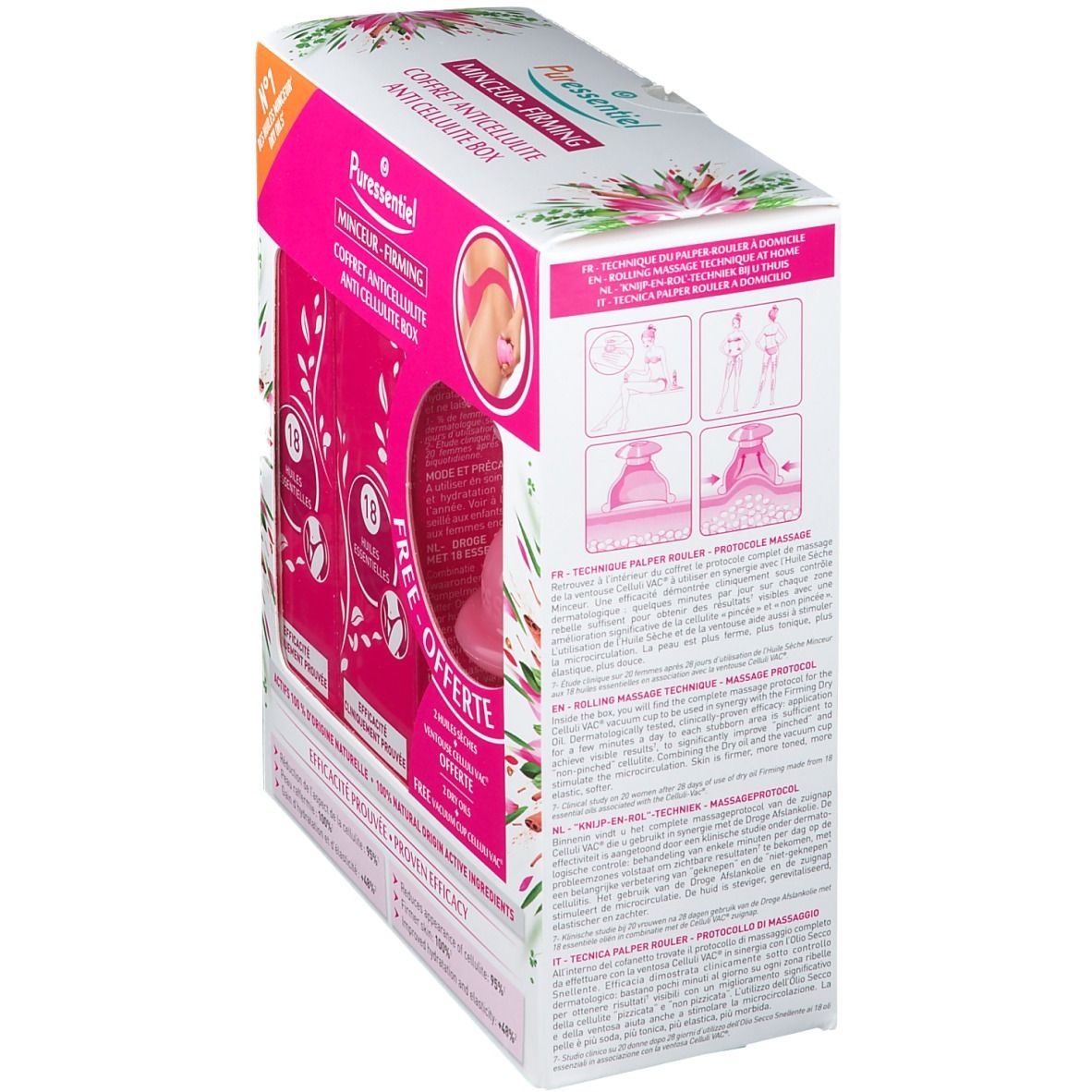 Vue latérale de l'emballage avec informations produit et illustrations. Emballage rose et blanc avec éléments floraux et texte.