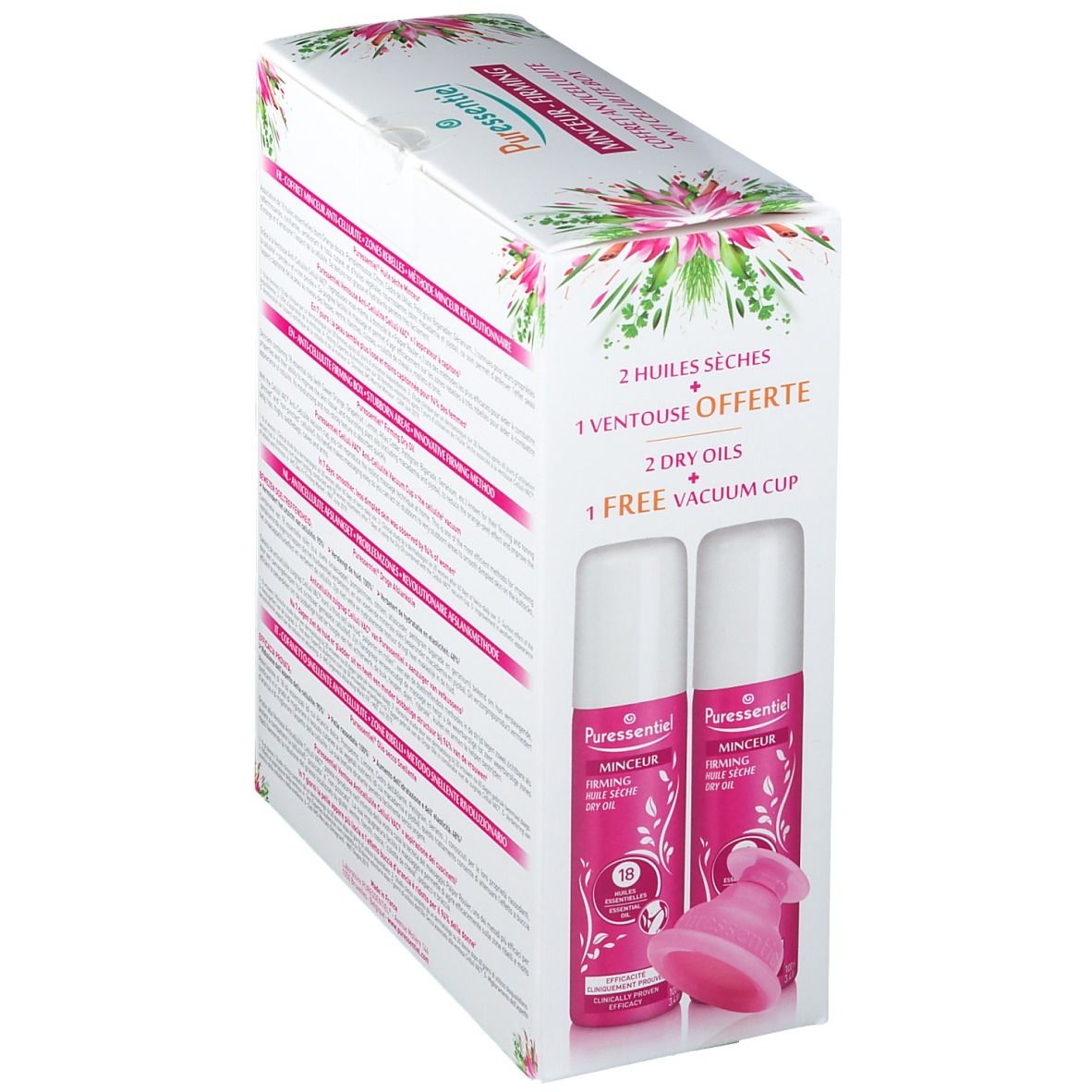 Emballage avec deux huiles et une ventouse. Emballage rose et blanc avec nom du produit et informations.