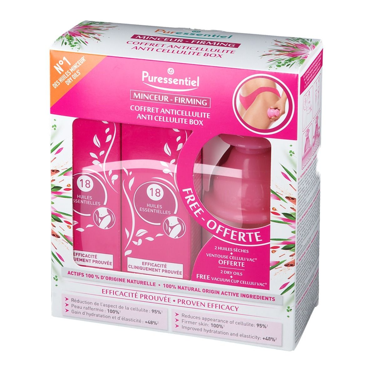 Coffret avec deux huiles, une ventouse et informations produit. Emballage rose et blanc avec éléments floraux et nom du produit.