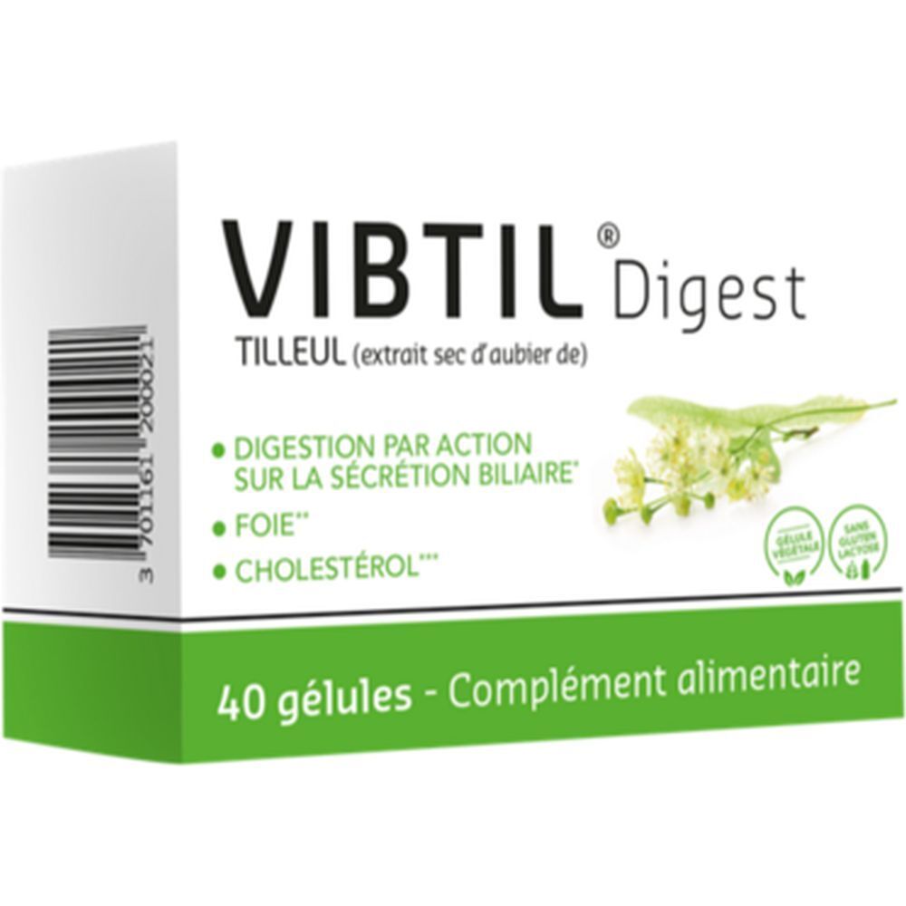 Boîte "VIBTIL Digest". Emballage vert et blanc. 40 gélules. Texte : "Tilleul".