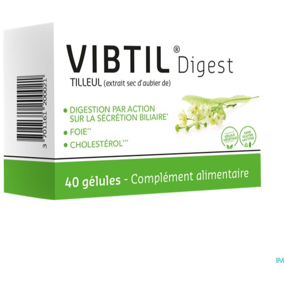 Boîte "VIBTIL Digest". Emballage vert et blanc. 40 gélules. Logo : "Sans gluten".