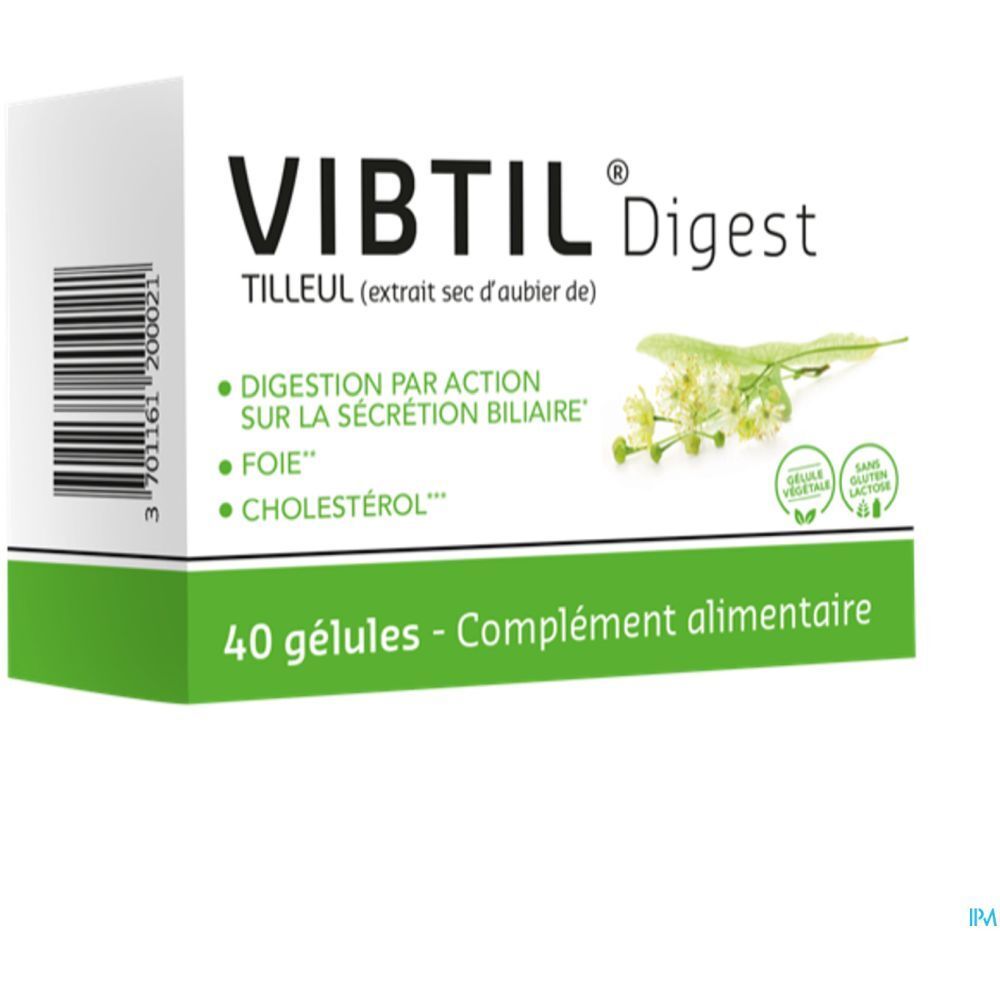 Boîte "VIBTIL Digest". Emballage vert et blanc. 40 gélules. Logo : "Sans gluten".