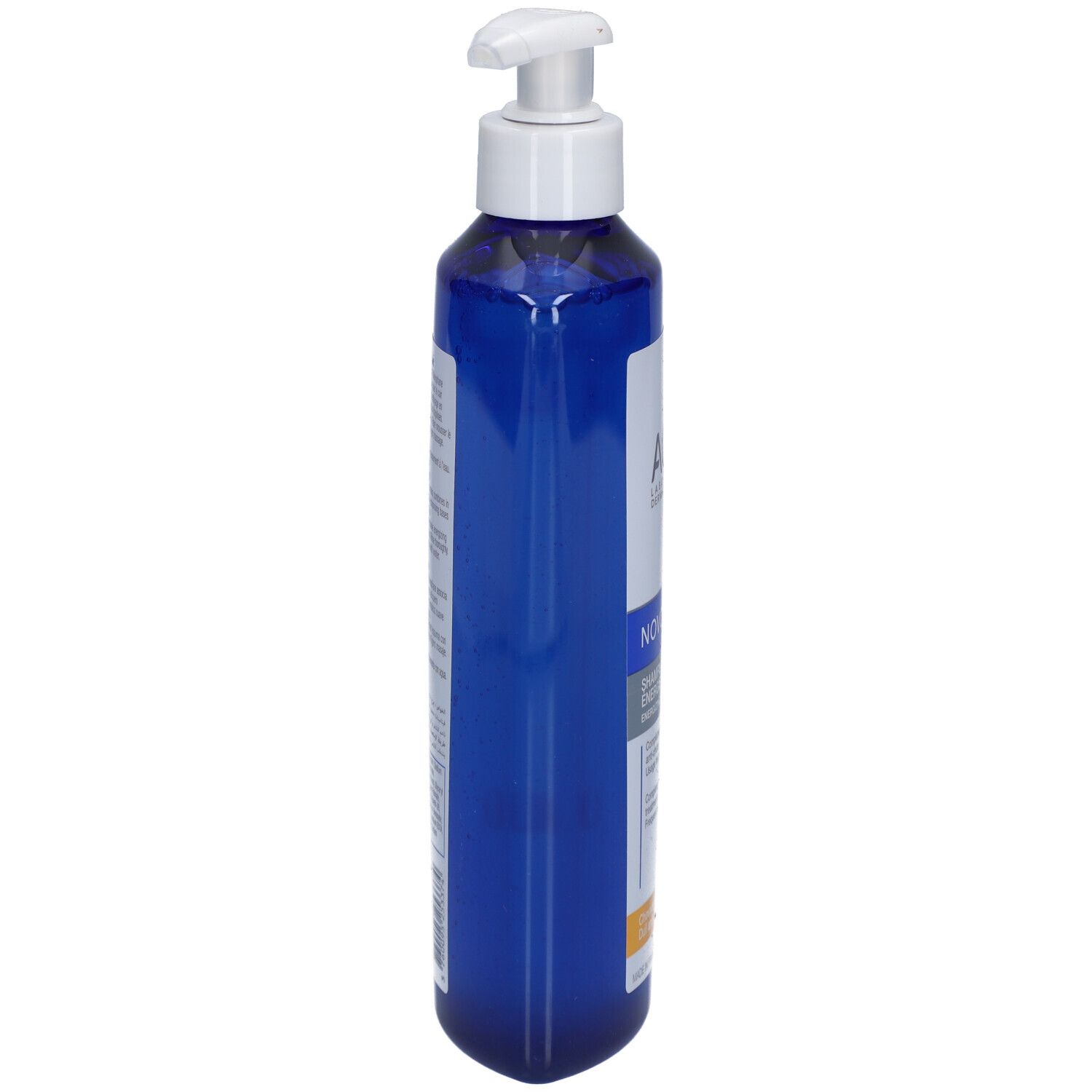 Weiße Flasche mit Pumpe. Seitenansicht. Aufschrift: ACM, Novophane Shampooing énergisant.