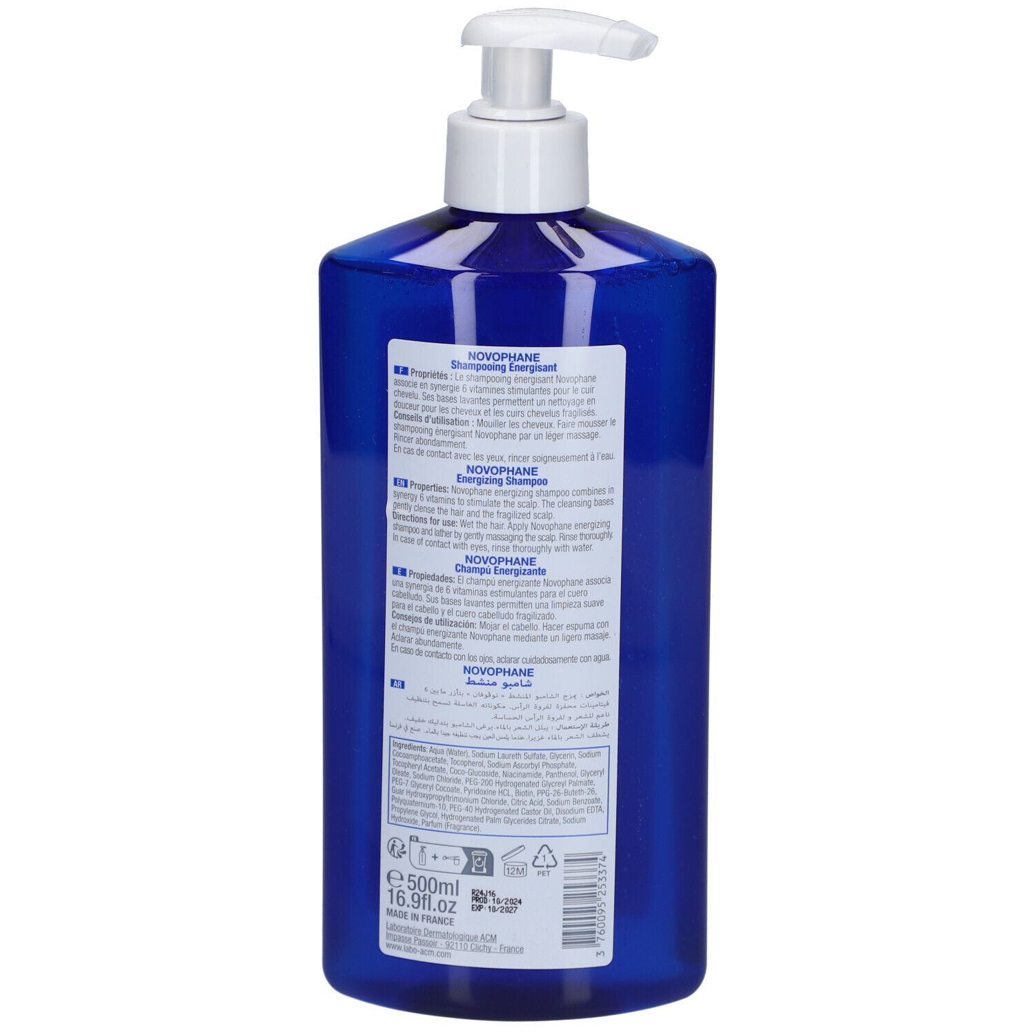 Weiße Flasche mit Pumpe. Rückansicht. Aufschrift: ACM, Novophane Shampooing énergisant. Text in mehreren Sprachen.