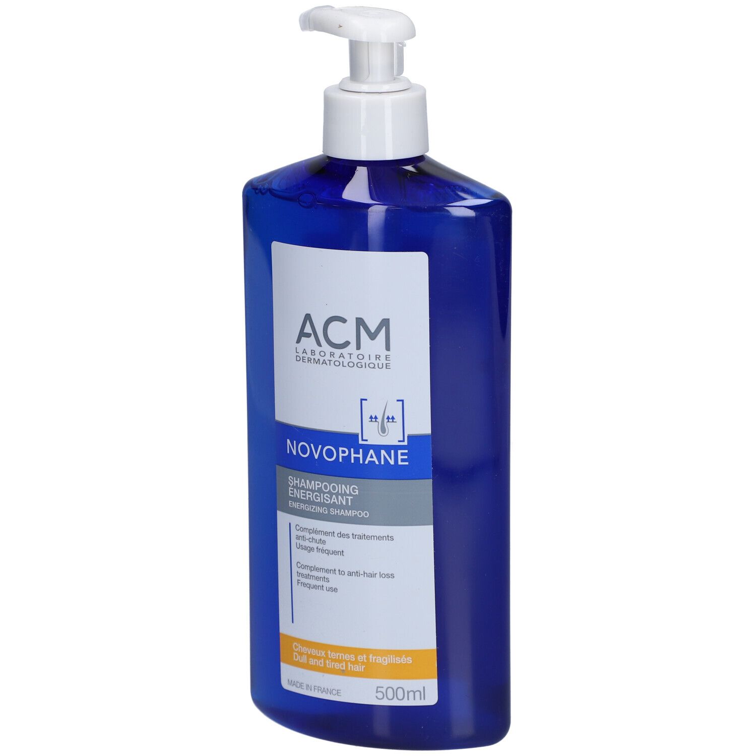 Weiße Flasche mit Pumpe. Aufschrift: ACM, Novophane Shampooing énergisant. Ergänzung zu Anti-Haarausfall-Behandlungen.
