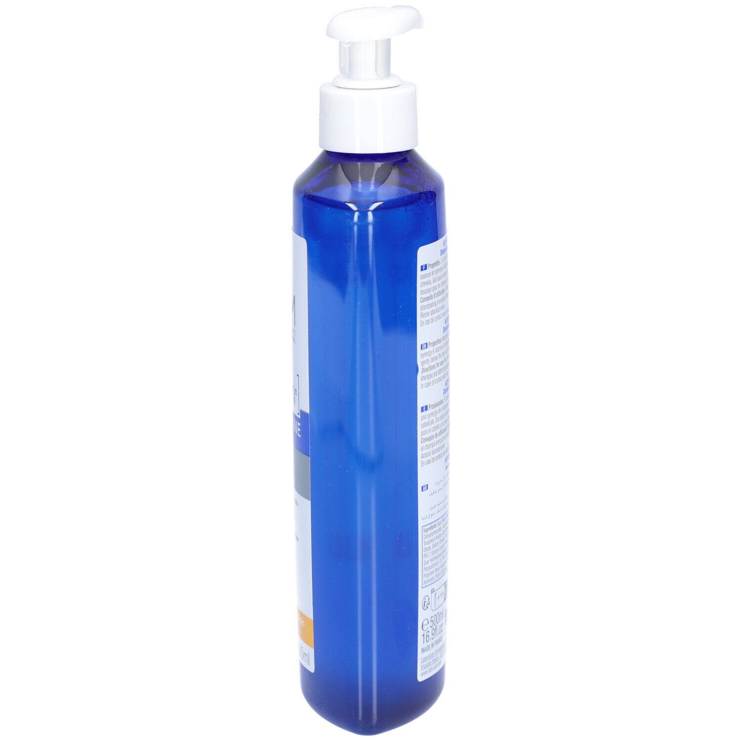 Weiße Flasche mit Pumpe. Seitenansicht. Aufschrift: ACM, Novophane Shampooing énergisant.