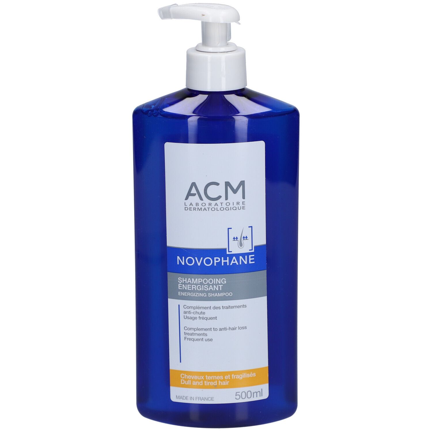 Weiße Flasche mit Pumpe. Aufschrift: ACM, Novophane Shampooing énergisant. Ergänzung zu Anti-Haarausfall-Behandlungen.