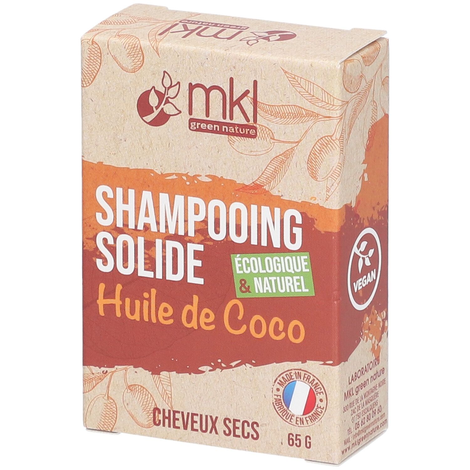 Kartonnen verpakking met SHAMPOOING SOLIDE, HUILE DE COCO, 65 G. Vegan-label. Franse vlag.