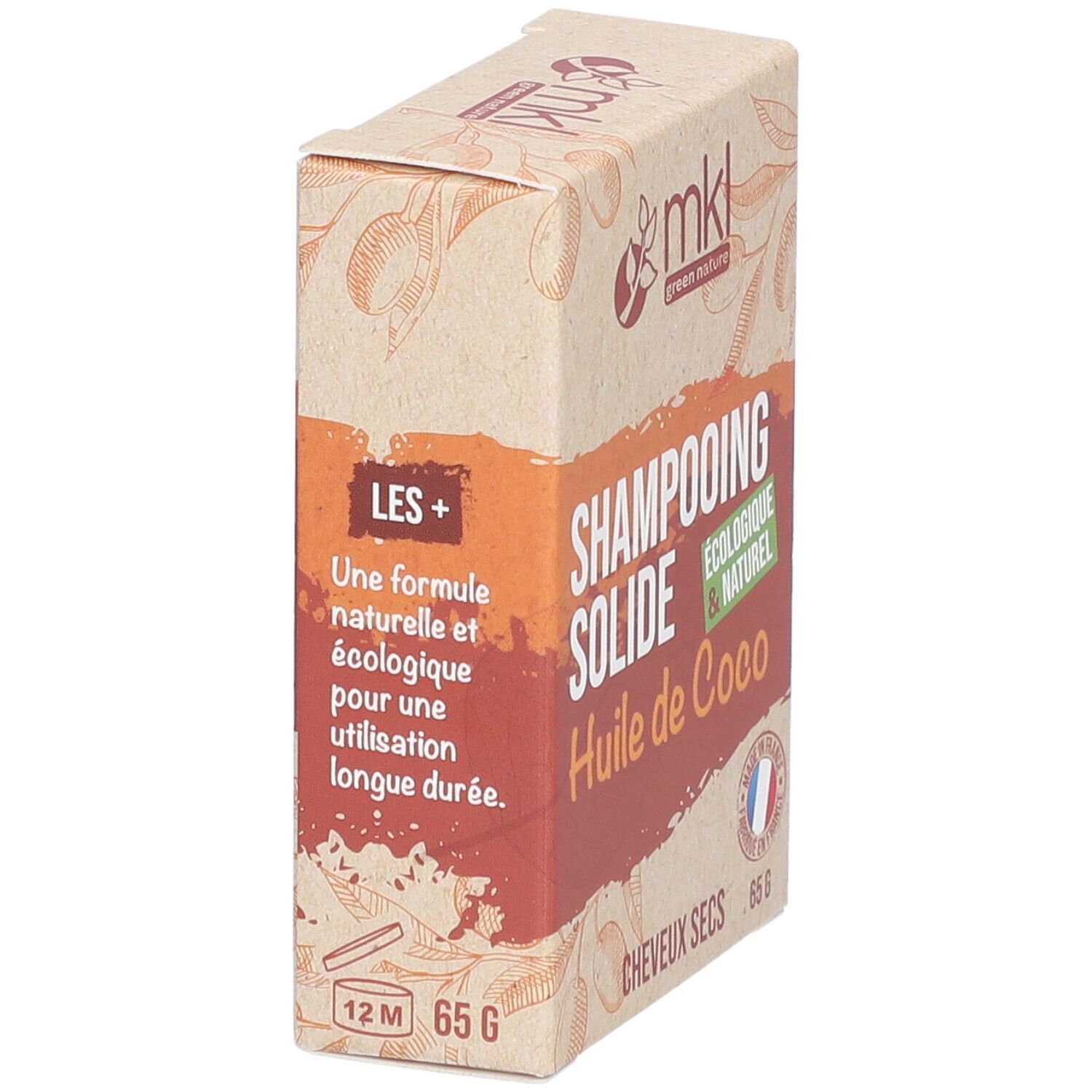 Kartonnen verpakking met SHAMPOOING SOLIDE, HUILE DE COCO, 65 G. Vegan-label. Franse vlag.