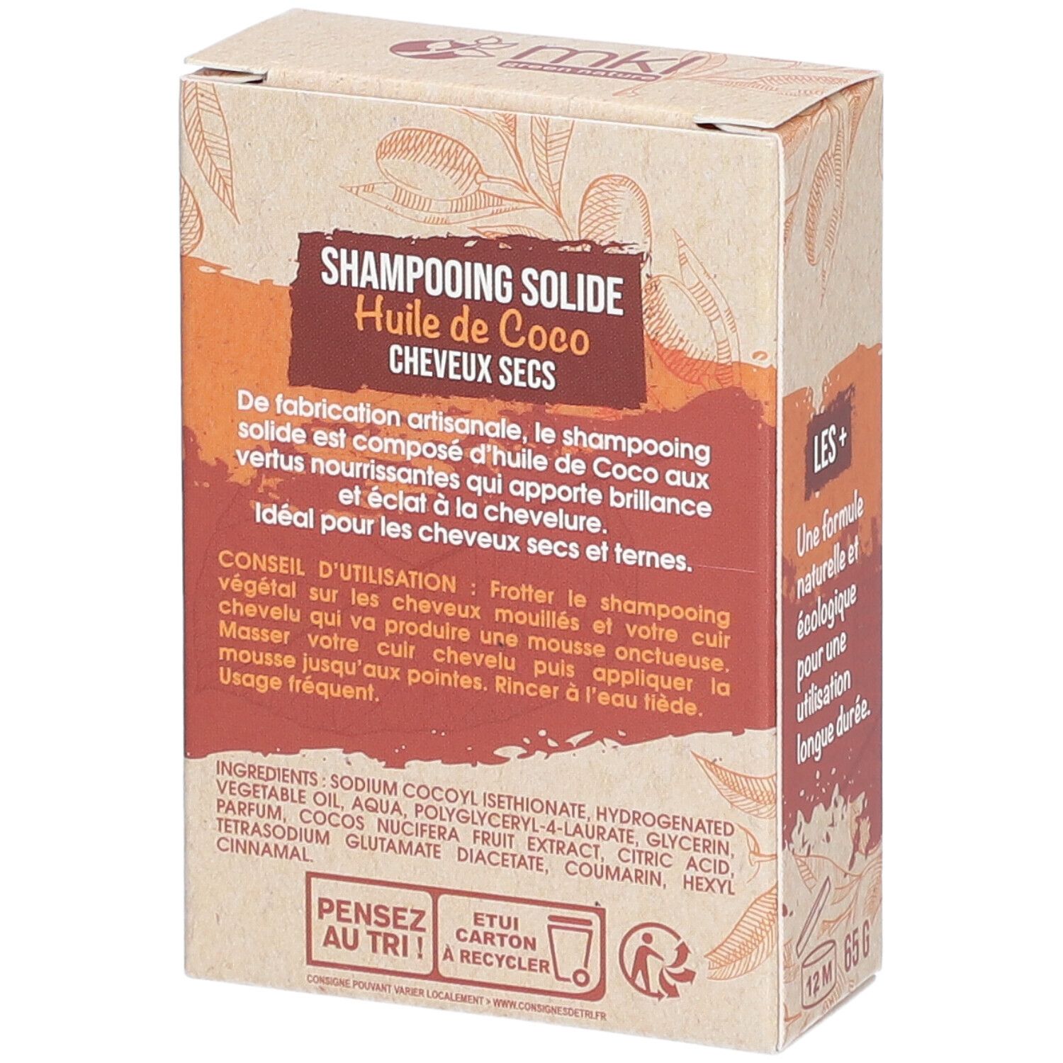 Kartonnen verpakking met tekst: SHAMPOOING SOLIDE, HUILE DE COCO, ingrediënten. Vegan-label. 12M-symbool.