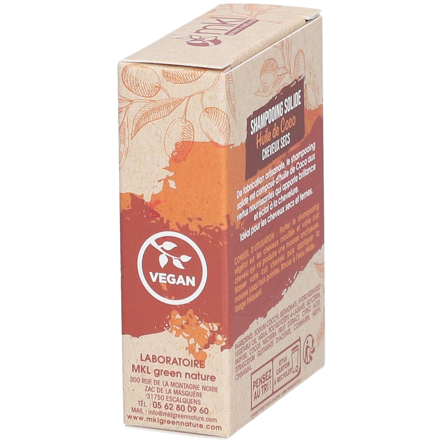 Kartonnen verpakking met tekst: SHAMPOOING SOLIDE, HUILE DE COCO. Vegan-label. Bedrijfsadres.