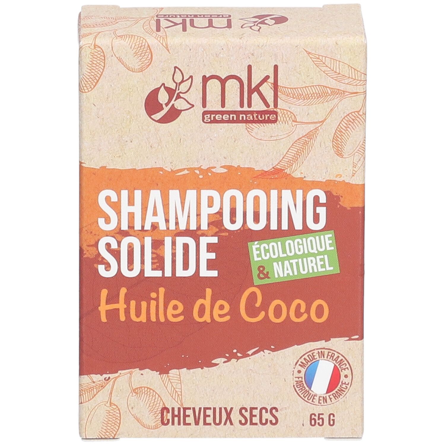 Kartonnen verpakking met SHAMPOOING SOLIDE, HUILE DE COCO, 65 G. Vegan-label. Franse vlag.