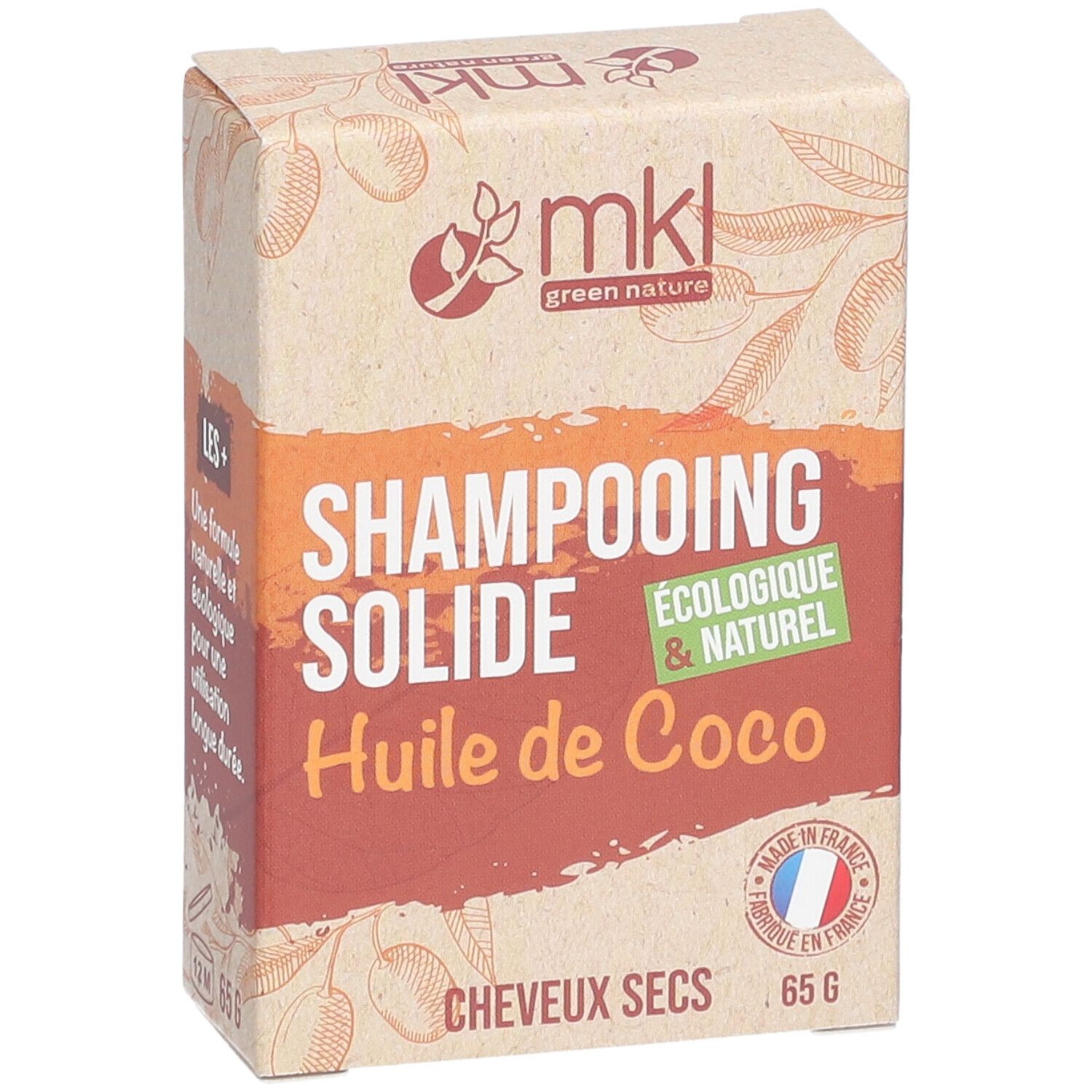Kartonnen verpakking met SHAMPOOING SOLIDE, HUILE DE COCO, 65 G. Vegan-label. Franse vlag.