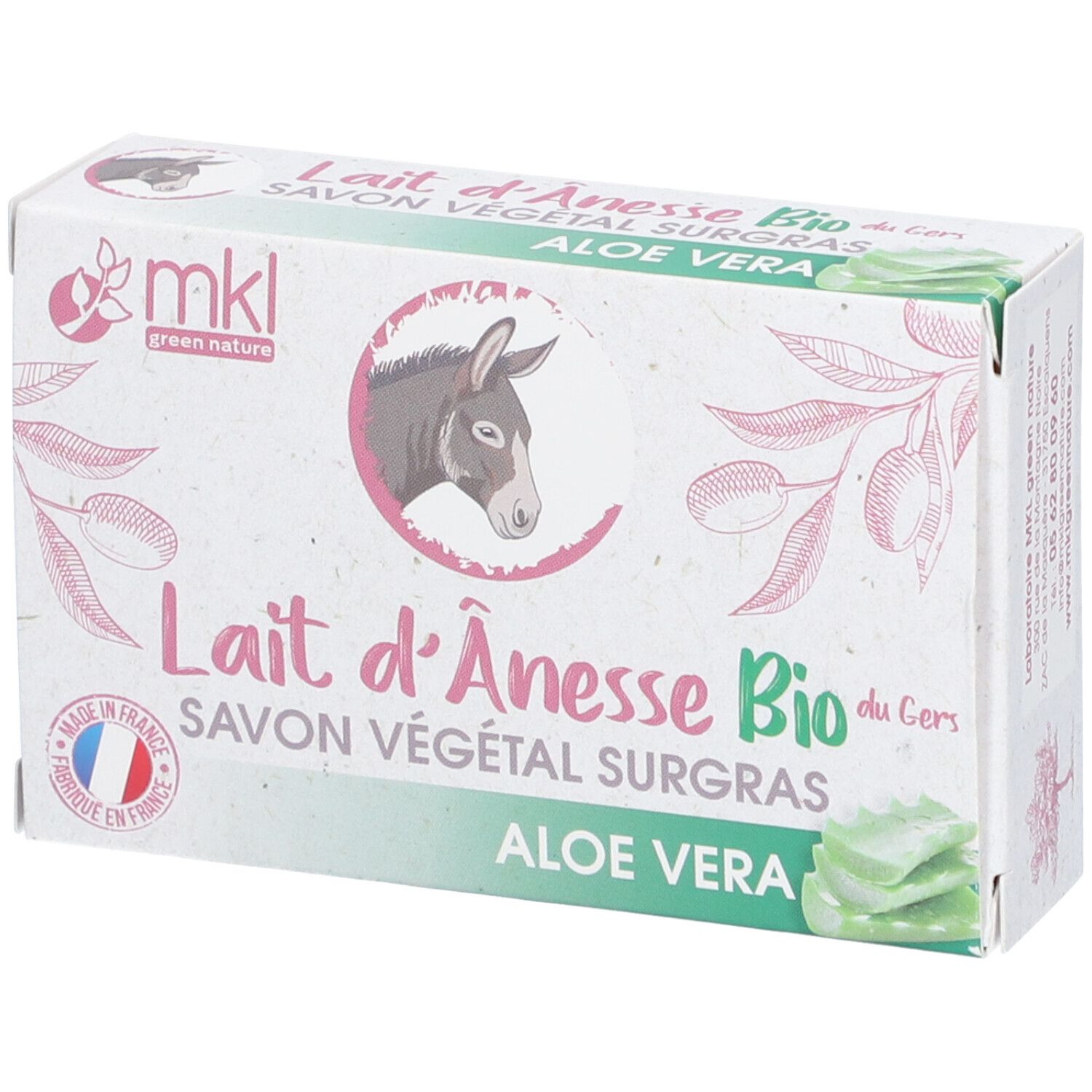 Verpackung mit Aufschrift: Lait d'Ânesse Bio, Savon Végétal Surgras, Aloe Vera. Logo: Esel. Marke: mkl.