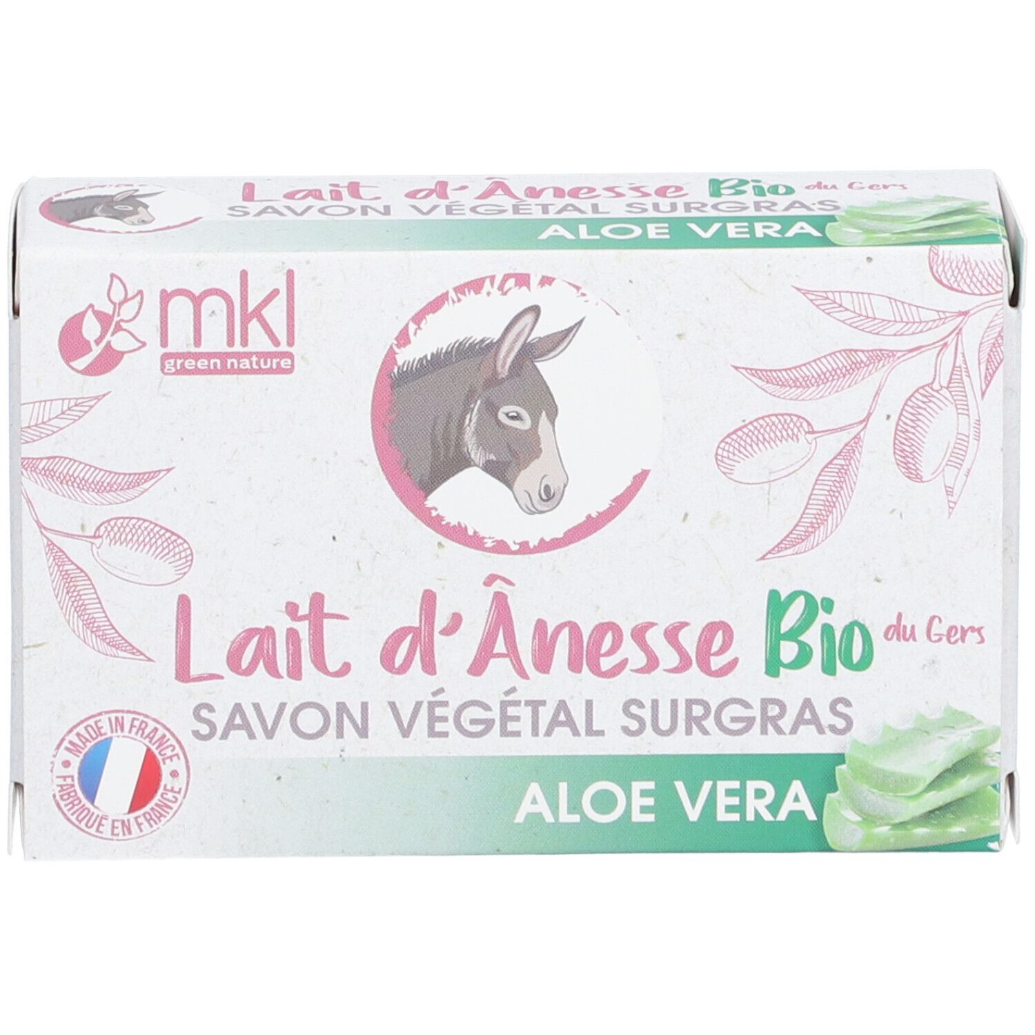 Seifenverpackung mit Aufschrift: Lait d'Ânesse Bio, Savon Végétal Surgras, Aloe Vera. Logo: Esel. Marke: mkl. Französische Flagge.