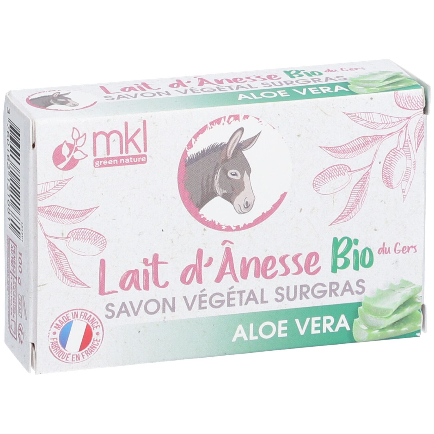 Seifenverpackung mit Aufschrift: Lait d'Ânesse Bio, Savon Végétal Surgras, Aloe Vera. Logo: Esel. Marke: mkl.