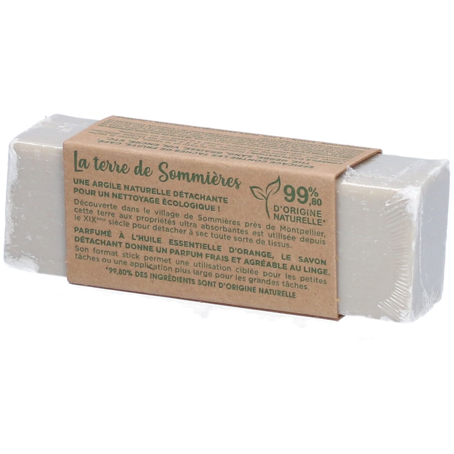 Pain de savon gris avec banderole en papier. Inscription: la terre de Sommières, 99% d'origine naturelle.