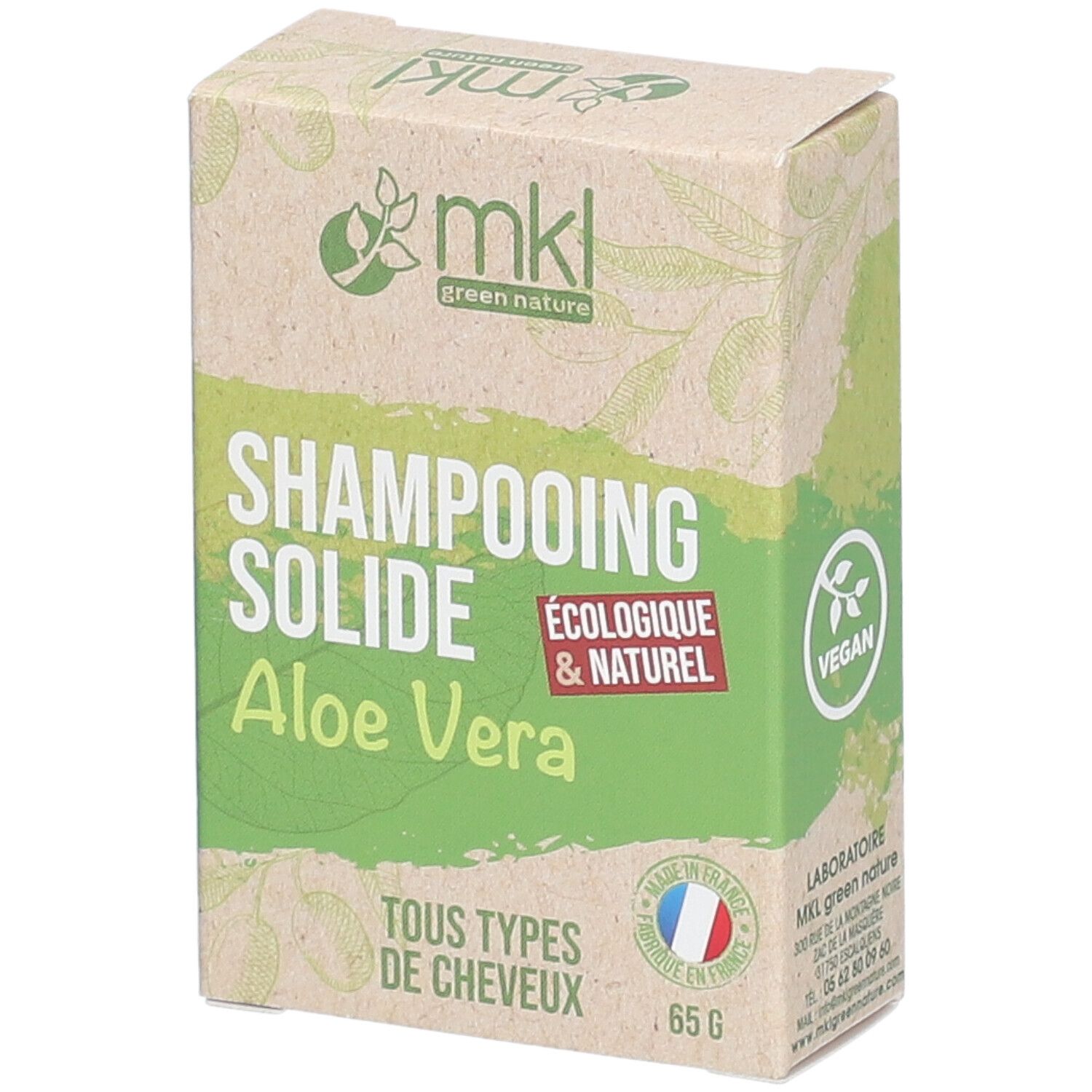 Kartonnen verpakking met SHAMPOOING SOLIDE Aloe Vera. Ecologisch & natuurlijk. Voor alle haartypes. 65 g. Vegan.