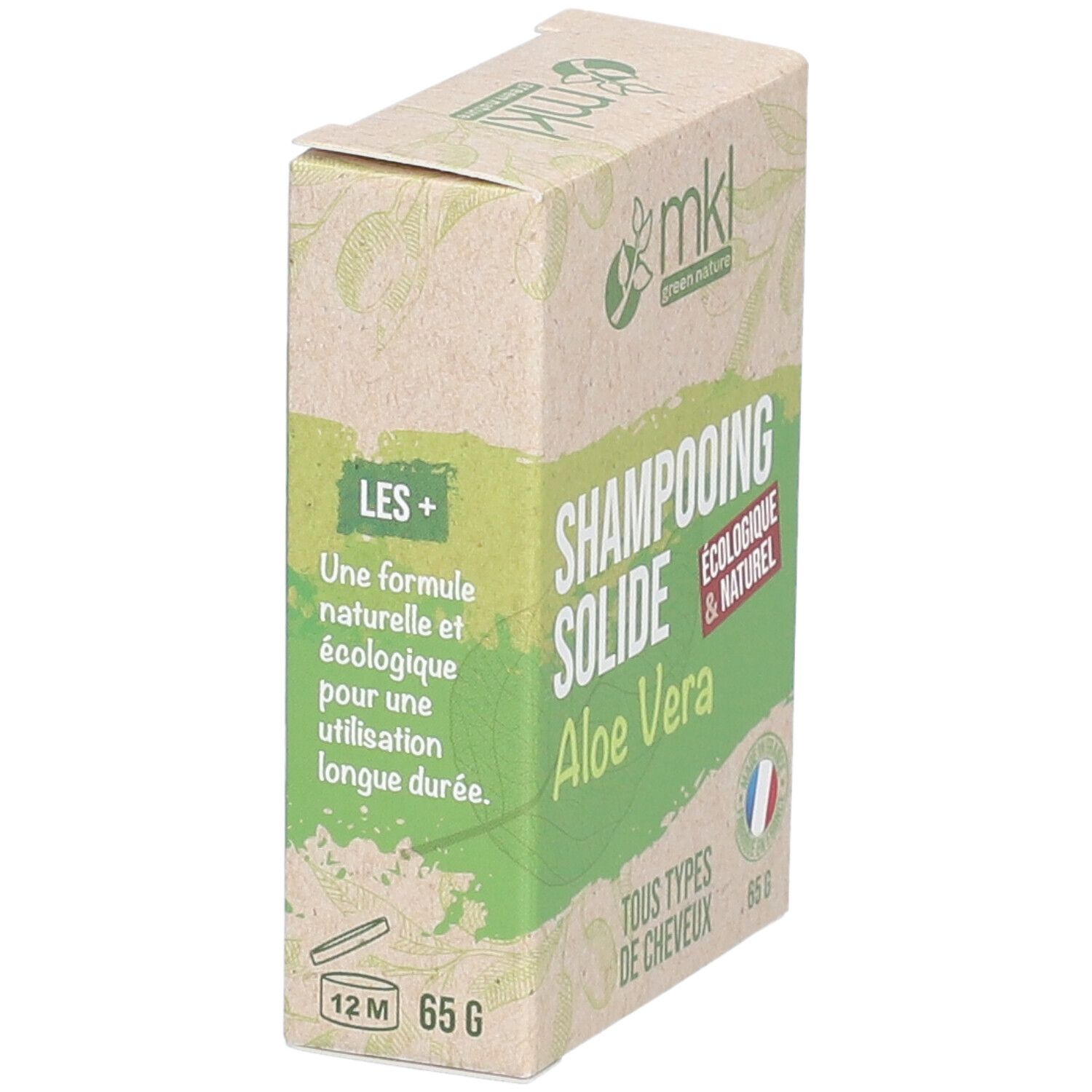 Kartonnen verpakking met SHAMPOOING SOLIDE Aloe Vera. Ecologisch & natuurlijk. Voor alle haartypes. 65 g. 12M.