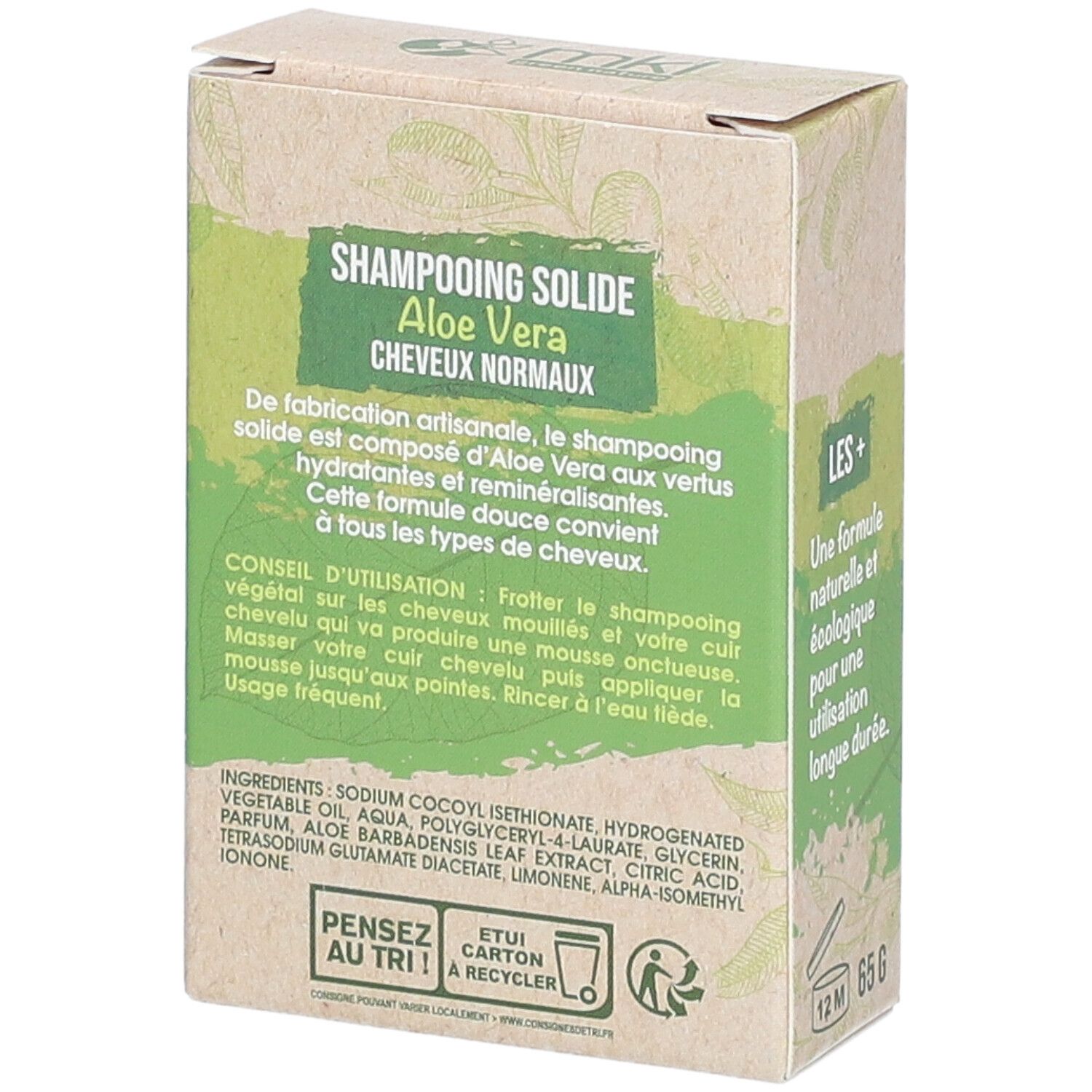 Achterkant van de doos met ingrediënten en gebruiksaanwijzing. Voor normaal haar. 12M. 65 g.