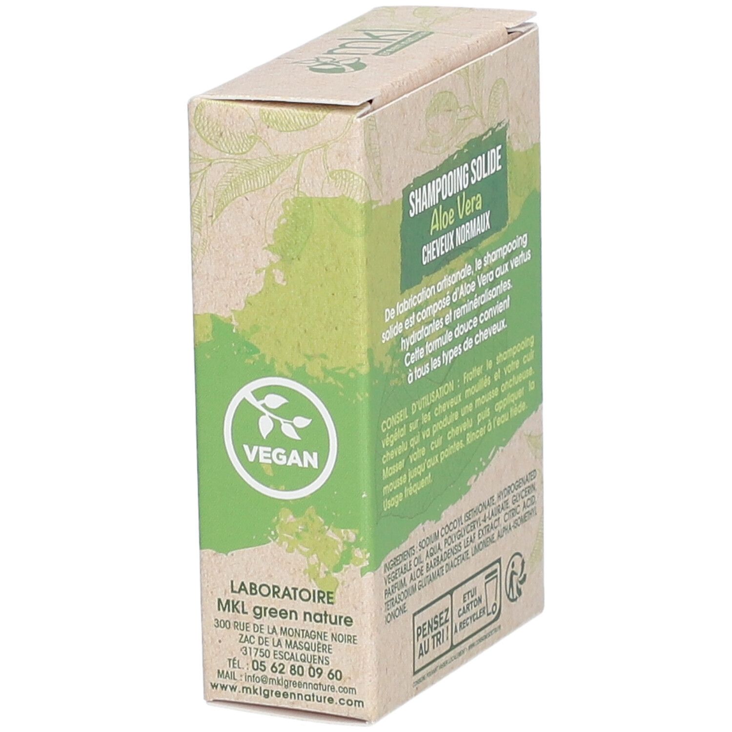 Kartonnen verpakking met SHAMPOOING SOLIDE Aloe Vera. Voor normaal haar. Vegan. Laboratoire MKL green nature.
