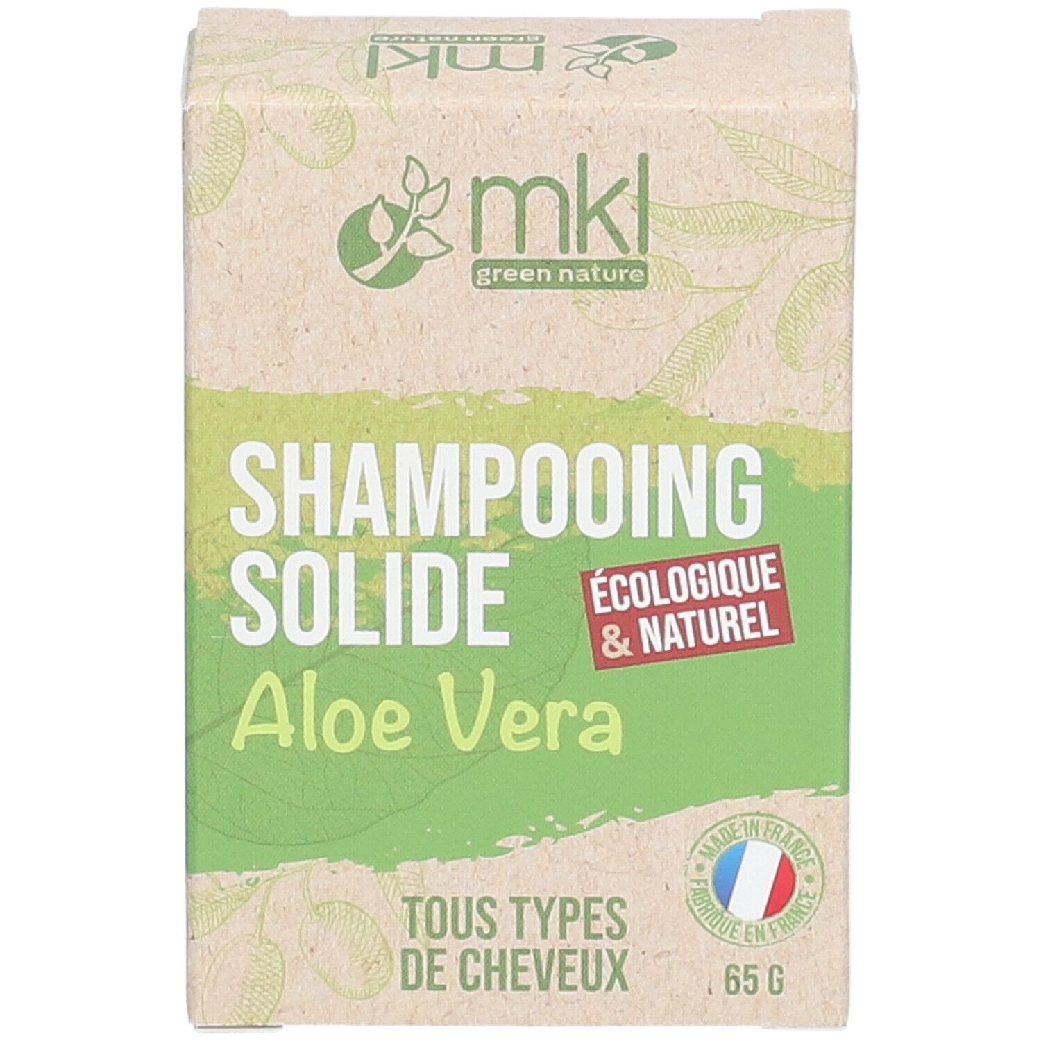 Kartonnen verpakking met SHAMPOOING SOLIDE Aloe Vera. Ecologisch & natuurlijk. Voor alle haartypes. 65 g. Gemaakt in Frankrijk.