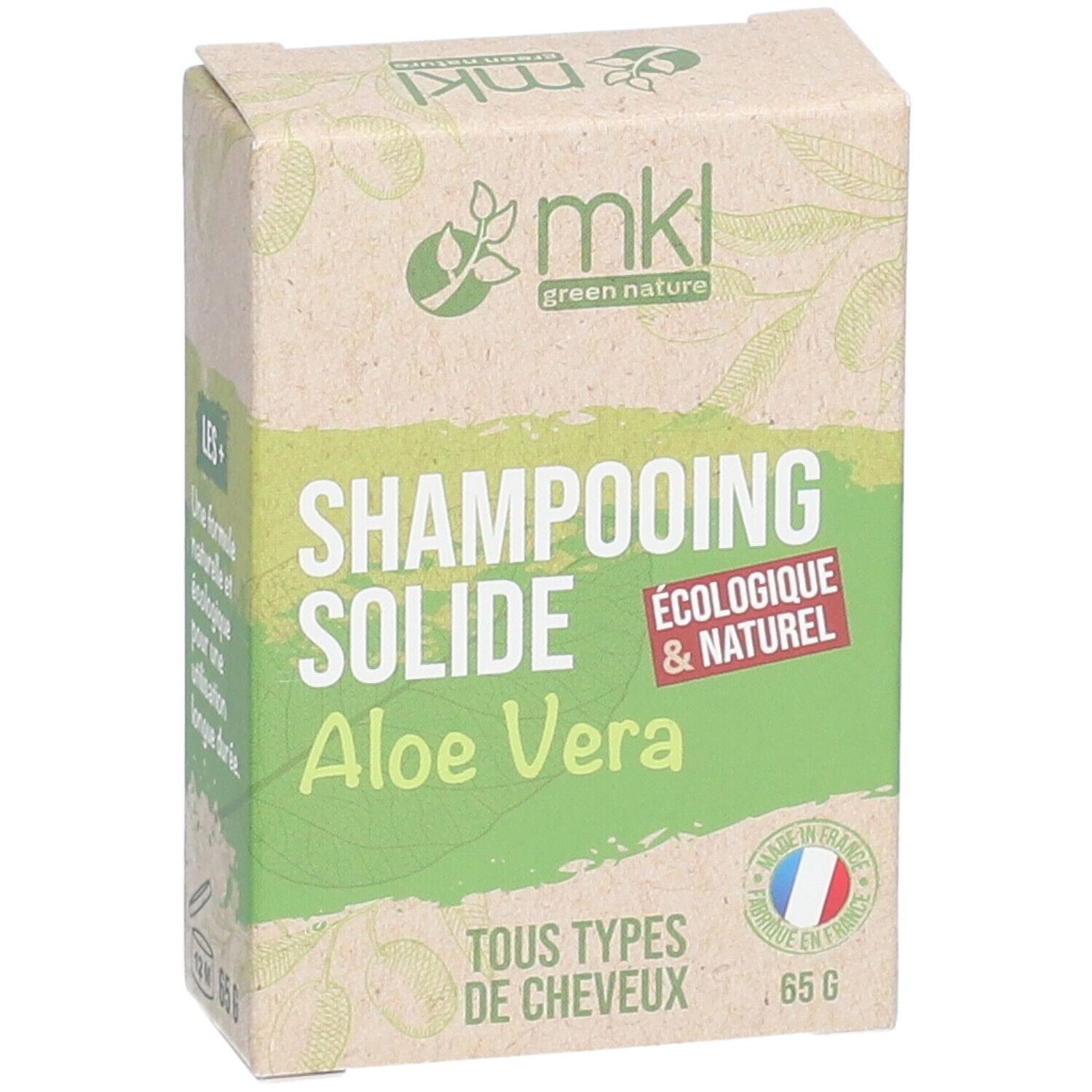 Kartonnen verpakking met SHAMPOOING SOLIDE Aloe Vera. Ecologisch & natuurlijk. Voor alle haartypes. 65 g. 12M. Gemaakt in Frankrijk.