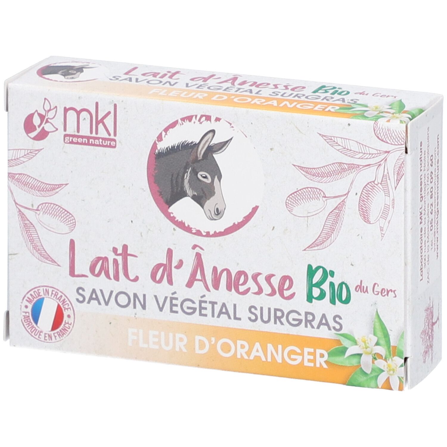 Verpackung mit Aufschrift "Lait d'Ânesse Bio", "Fleur d'Oranger" und Logo. Französische Flagge und Logo "mkl green nature".