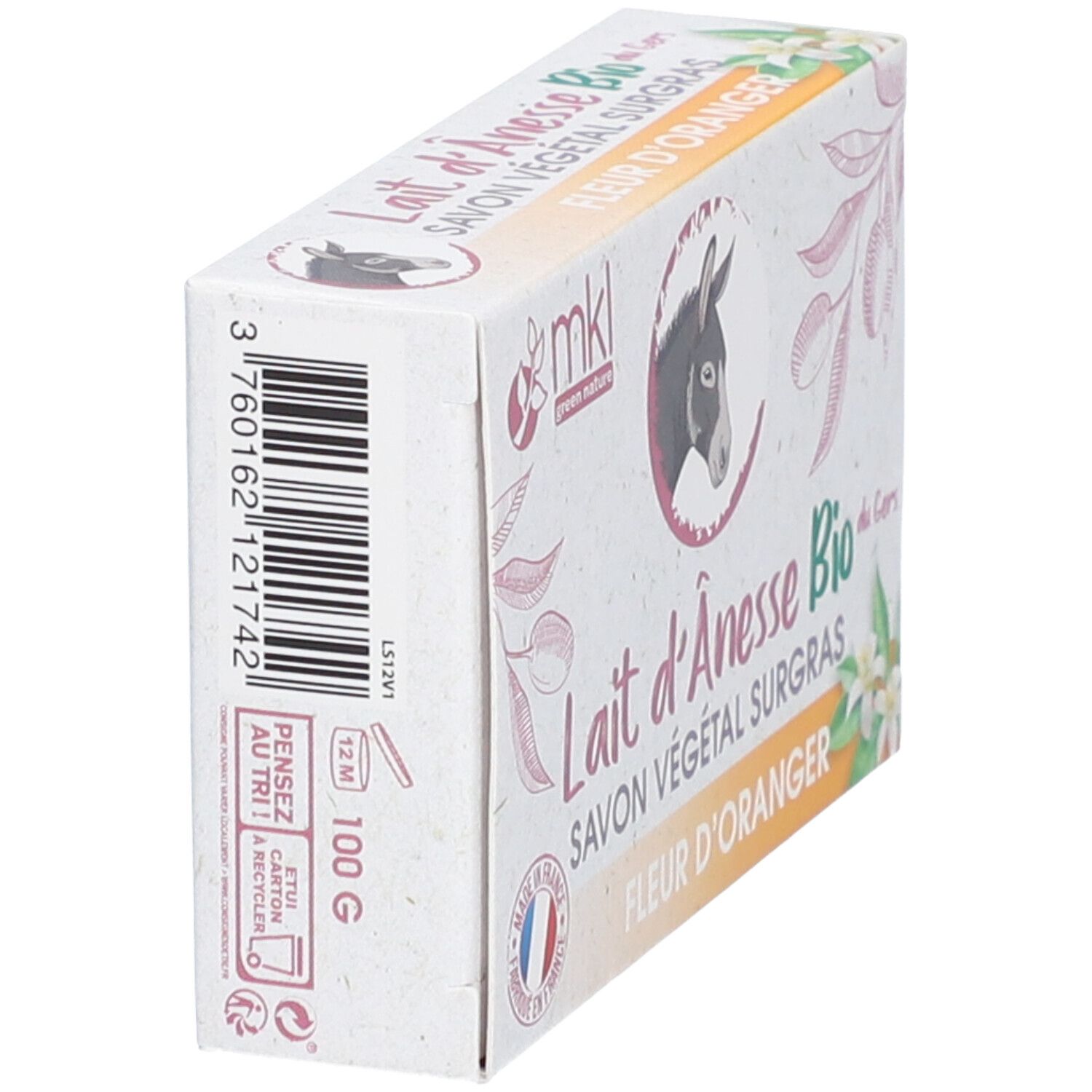 Seifenverpackung mit Barcode, "100 G" und Logo "mkl green nature". Text: "Lait d'Ânesse Bio - Fleur d'Oranger".