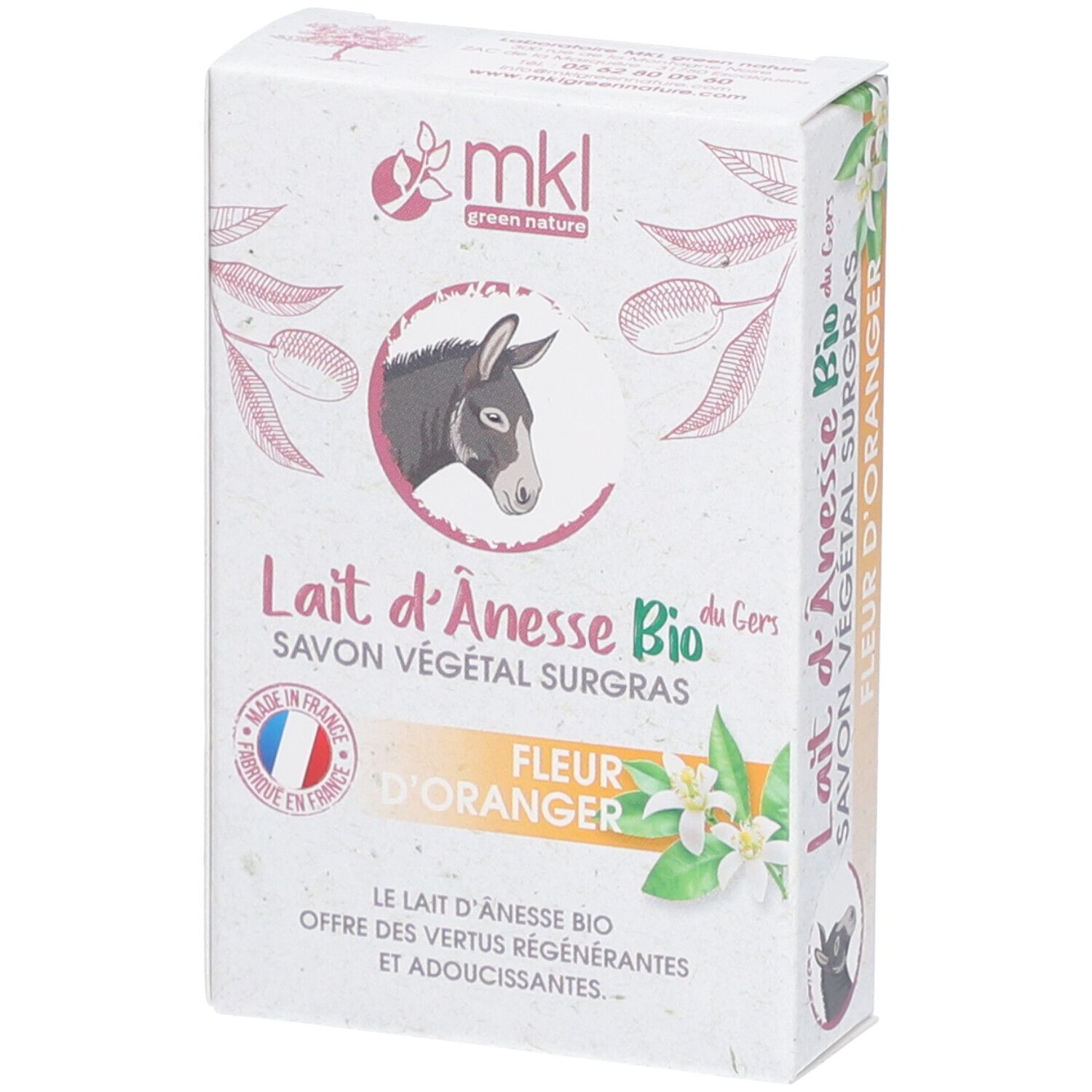 Seifenverpackung mit "Lait d'Ânesse Bio - Fleur d'Oranger". Logo "mkl green nature". Text: "Le lait d'ânesse offre des vertus régénérantes".
