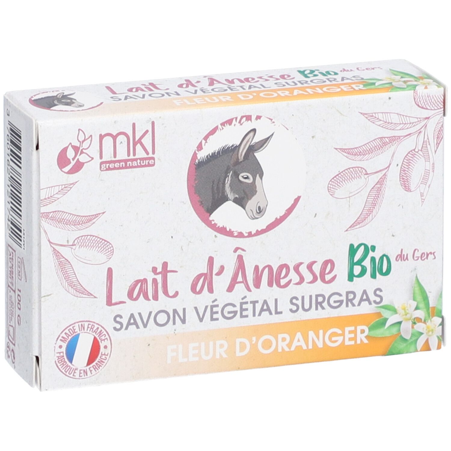 Seifenverpackung mit "Lait d'Ânesse Bio - Fleur d'Oranger". Logo "mkl green nature", französischer Flagge. Abbildung eines Esels.