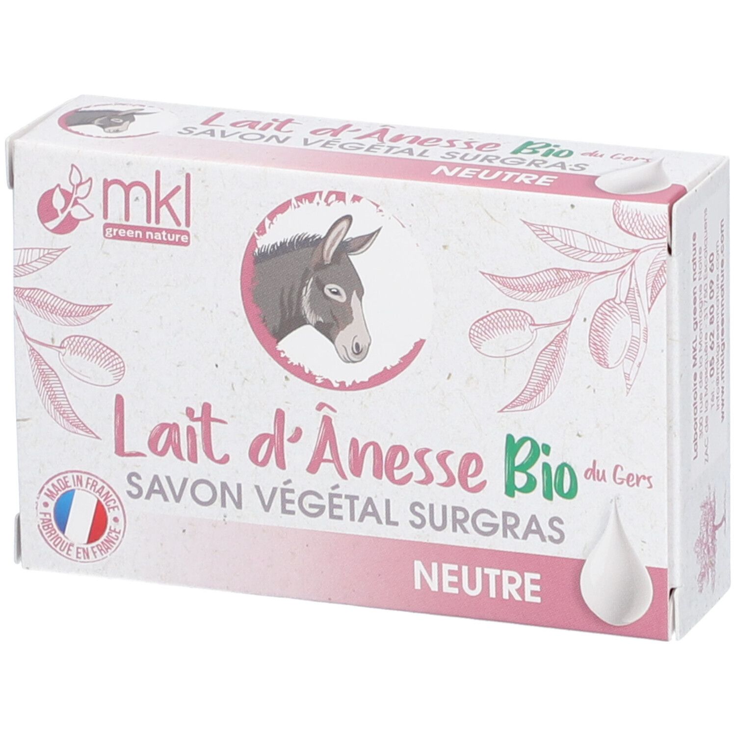 Kartonverpackung mit Produktinformationen. Aufdruck: Lait d'Ânesse Bio, Savon Végétal Surgras, Neutre. Logo: mkl green nature.