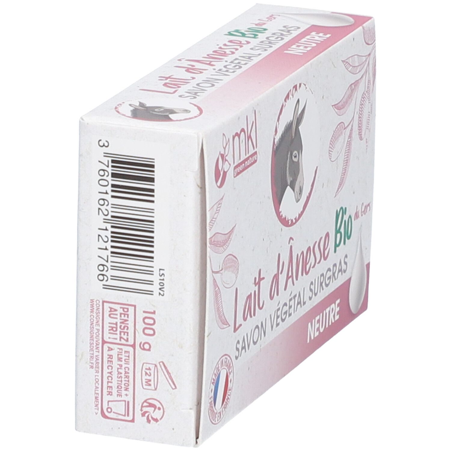 Kartonverpackung, Seitenansicht. Aufdruck: Lait d'Ânesse Bio, Savon Végétal Surgras, Neutre. Barcode und Produktinformationen.