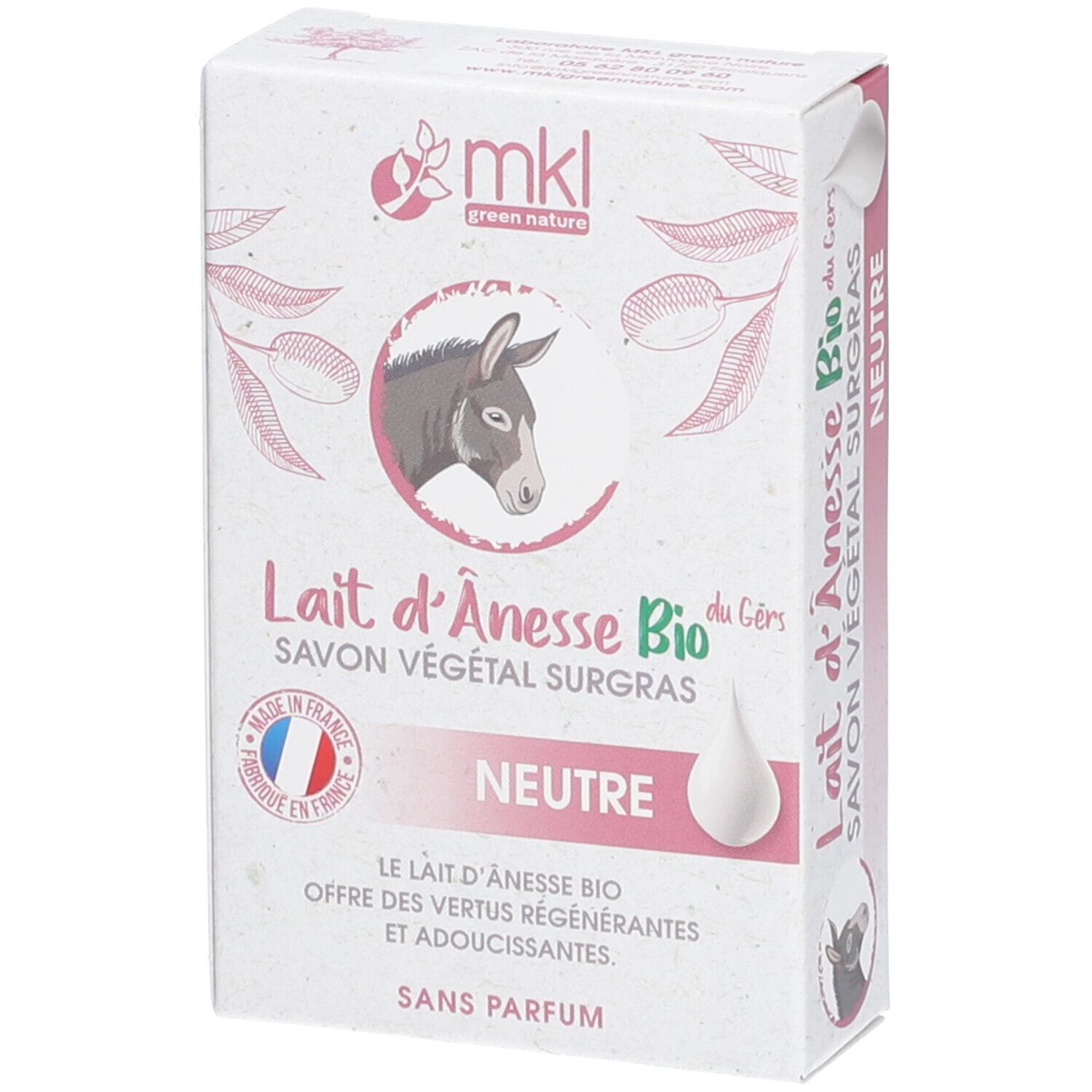 Kartonverpackung mit Produktinformationen. Aufdruck: Lait d'Ânesse Bio, Savon Végétal Surgras, Neutre. Logo: mkl green nature.