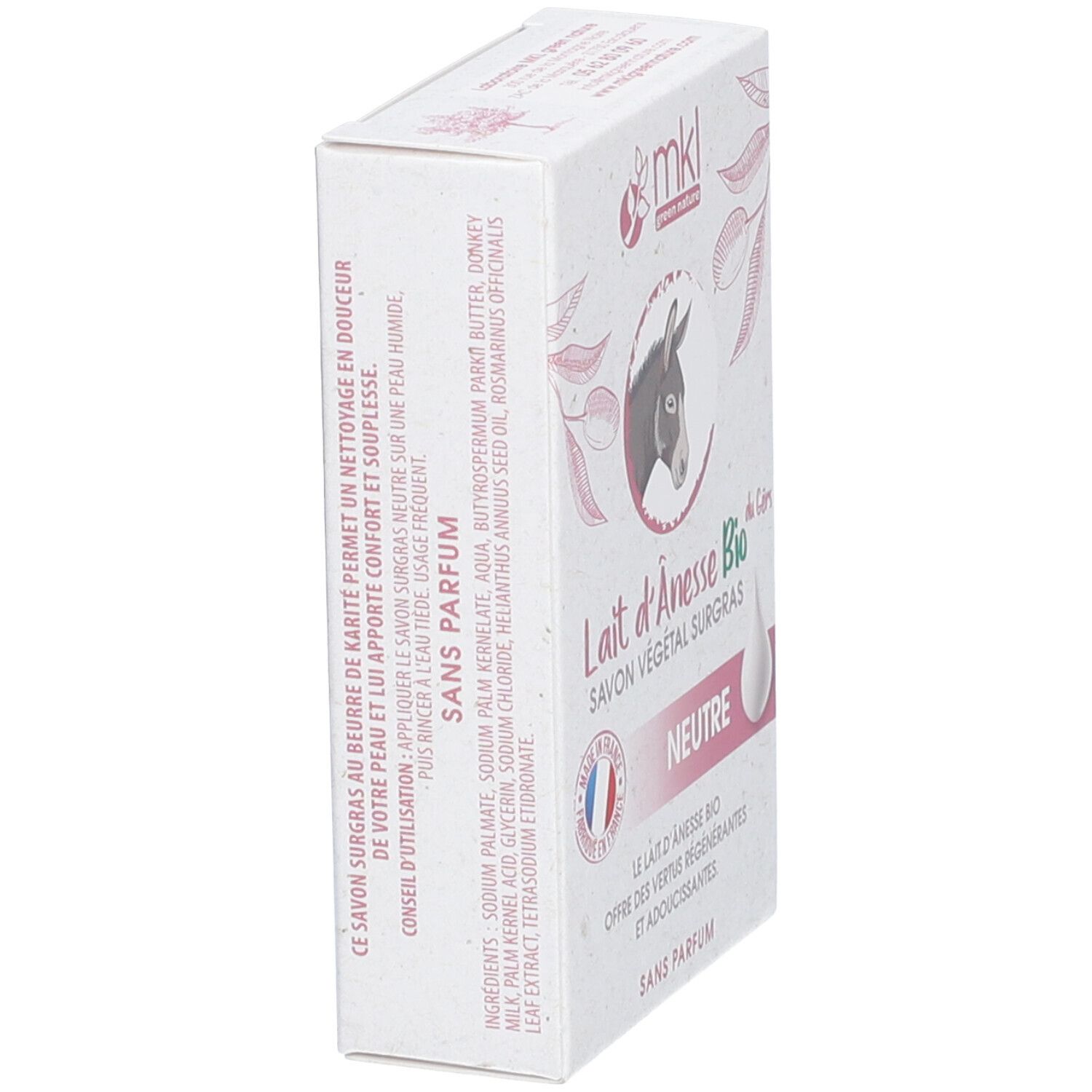 Kartonverpackung, Seitenansicht. Aufdruck: Lait d'Ânesse Bio, Savon Végétal Surgras, Neutre. Inhaltsstoffe und Anwendungshinweise.