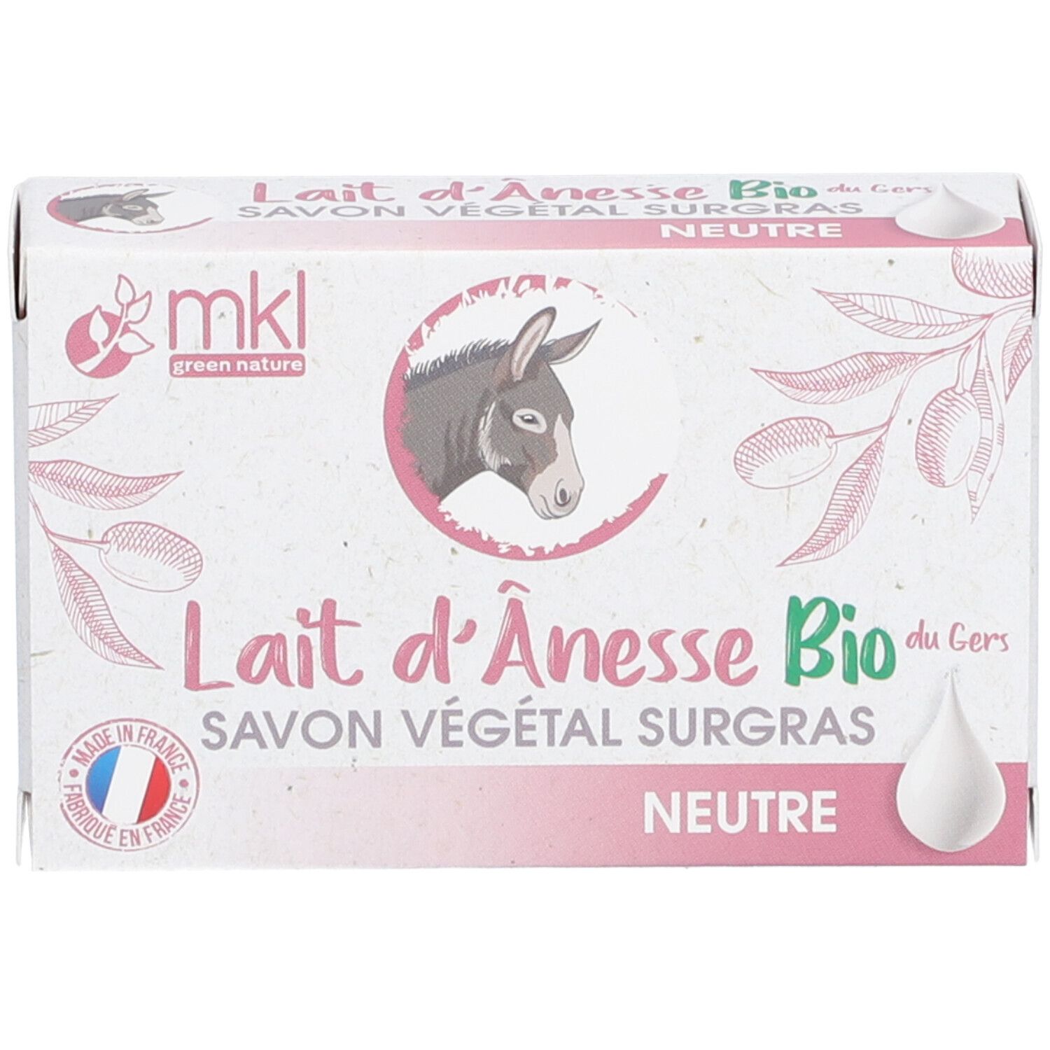 Kartonverpackung mit Produktinformationen. Aufdruck: Lait d'Ânesse Bio, Savon Végétal Surgras, Neutre. Logo: mkl green nature.