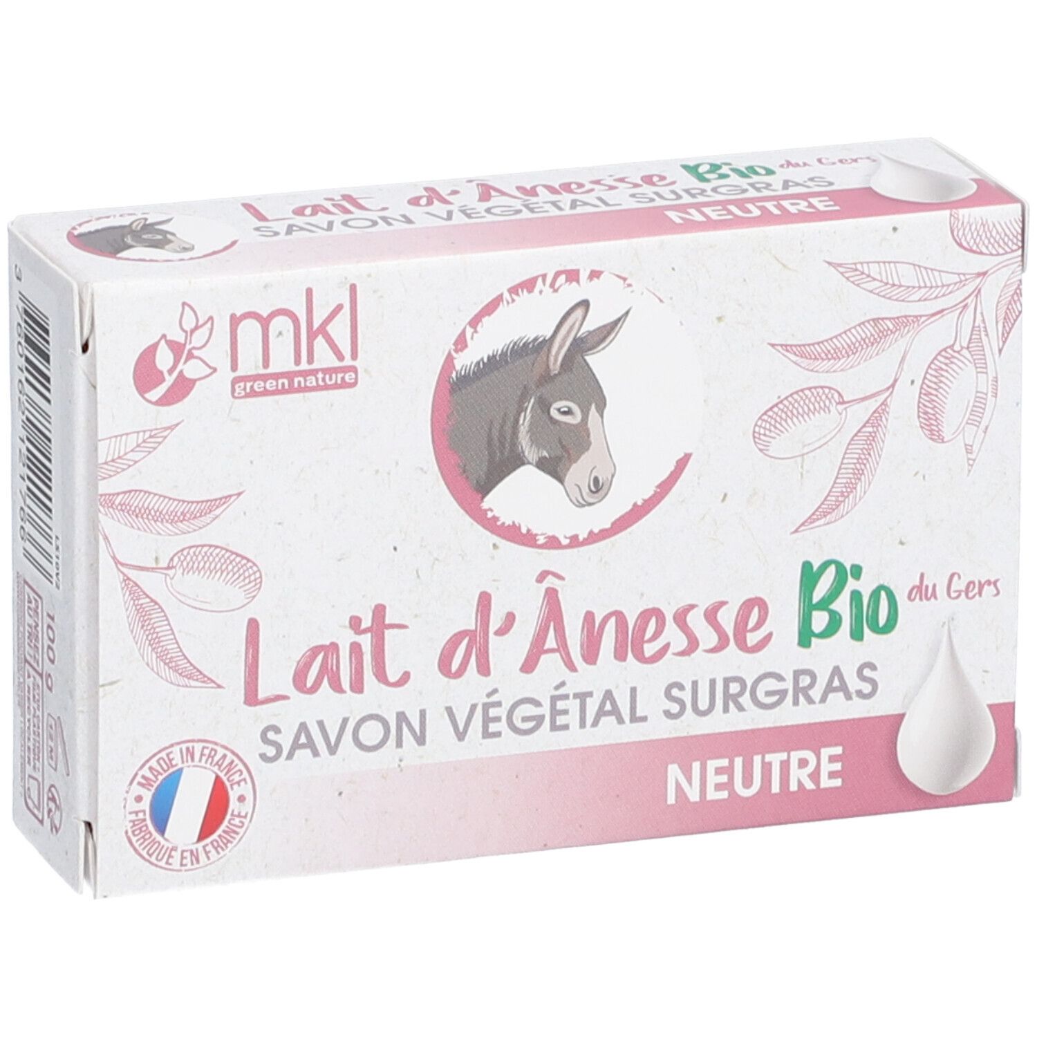 Kartonverpackung mit Produktinformationen. Aufdruck: Lait d'Ânesse Bio, Savon Végétal Surgras, Neutre. Logo: mkl green nature.