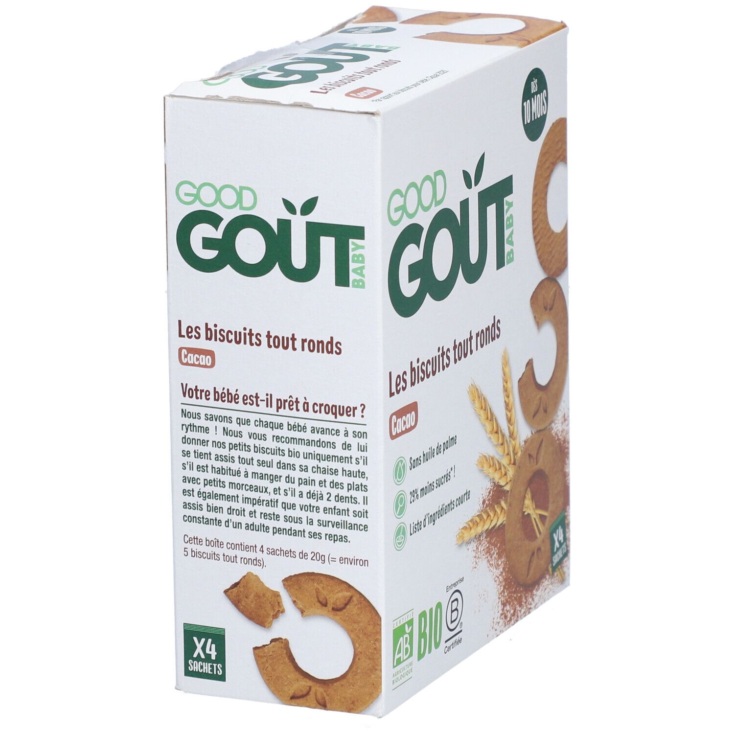 Boîte de biscuits ronds au cacao pour bébés. Texte et illustrations de biscuits. Certification bio.