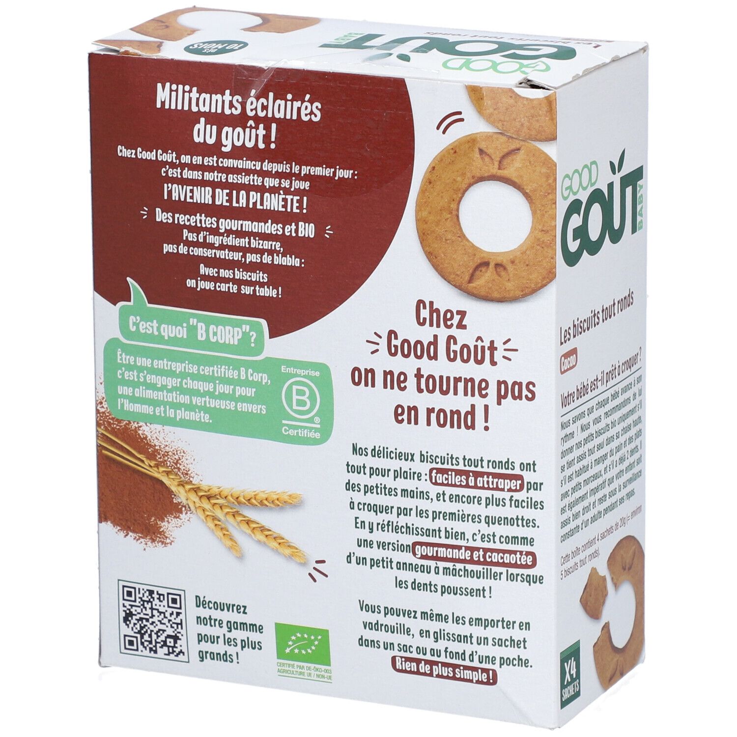 Dos de la boîte de biscuits ronds au cacao. Texte sur la marque et certification bio.