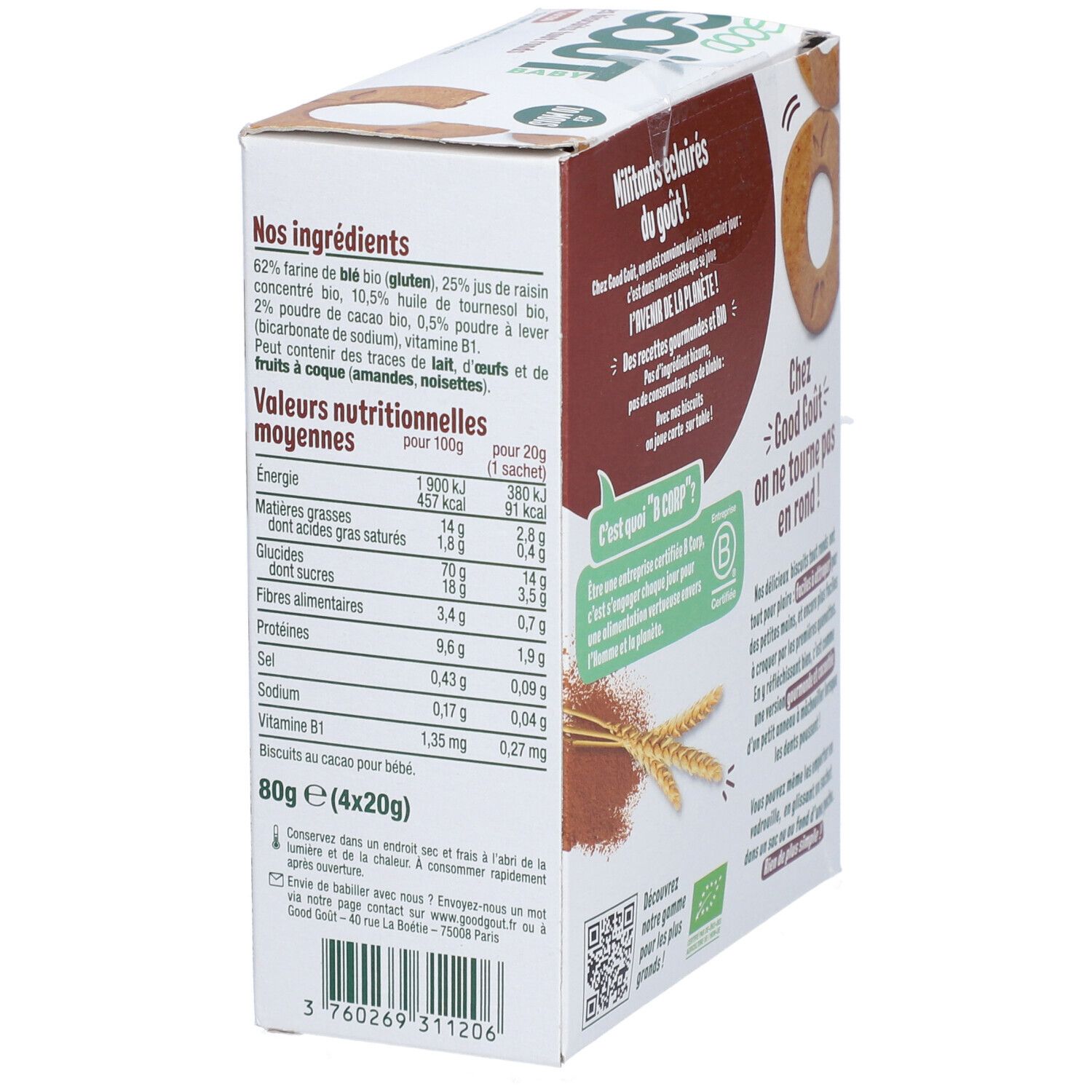 Vue latérale de la boîte avec informations nutritionnelles des biscuits au cacao. Certification bio.