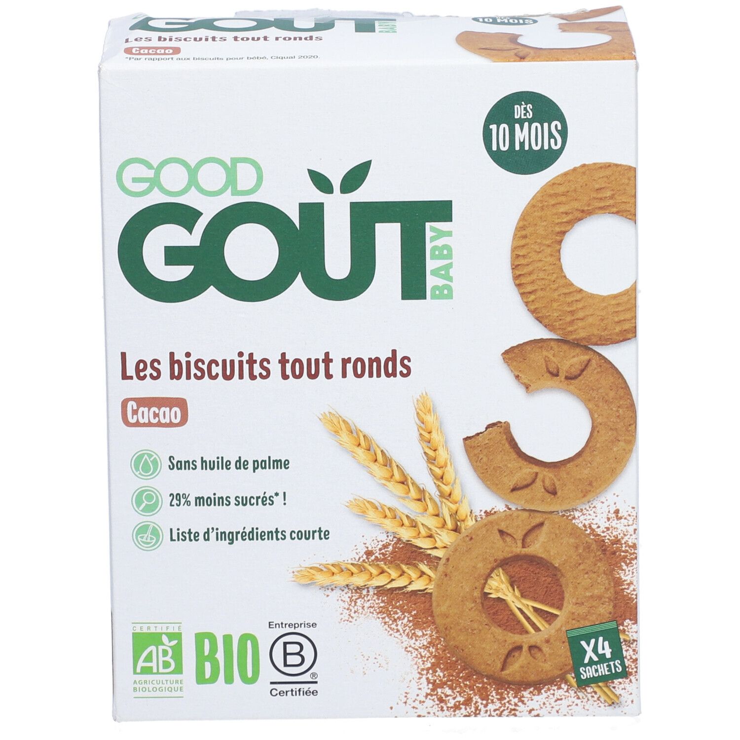 Boîte de biscuits ronds au cacao pour bébés dès 10 mois. Certification bio. Contient 4 sachets.