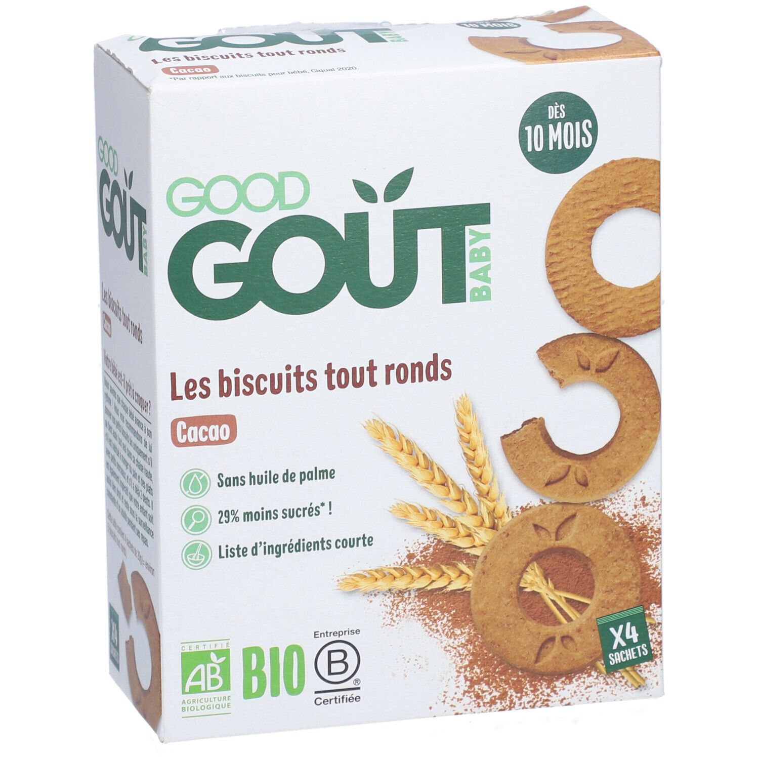 Boîte de biscuits ronds au cacao pour bébés dès 10 mois. Certification bio. Contient 4 sachets.