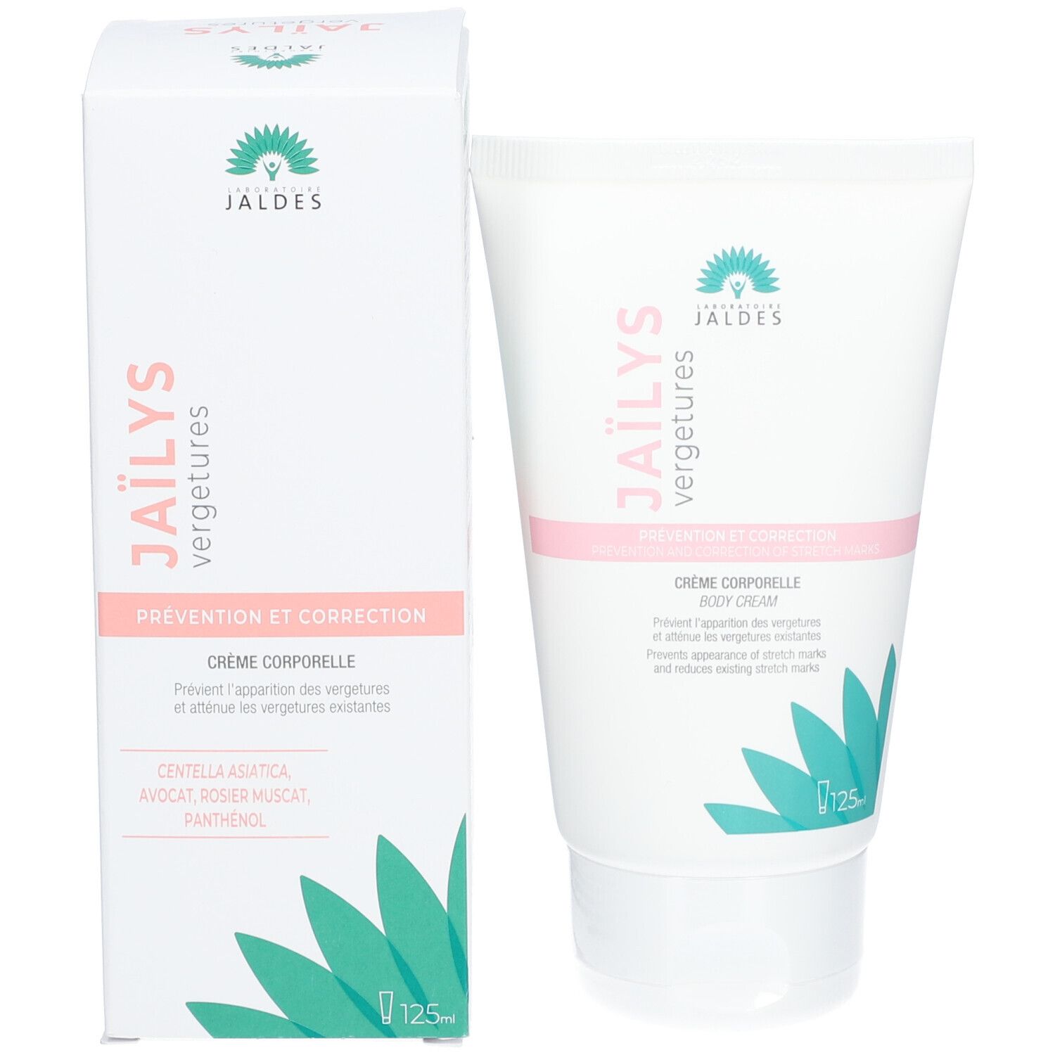 Emballage du produit avec tube et boîte. Contient une crème pour les vergetures. Marque : Jaïlys.
