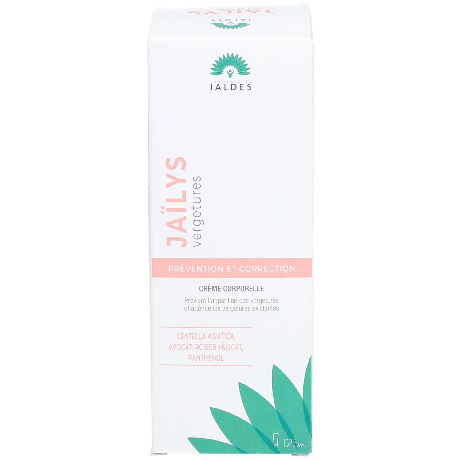 Boîte blanche avec texte rose et vert. Contient une crème pour les vergetures. Marque : Jaïlys.