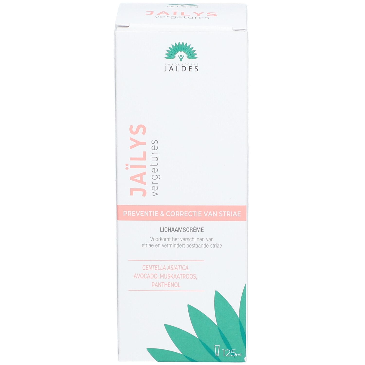 Boîte blanche avec texte rose et vert. Contient une crème pour les vergetures. Marque : Jaïlys.