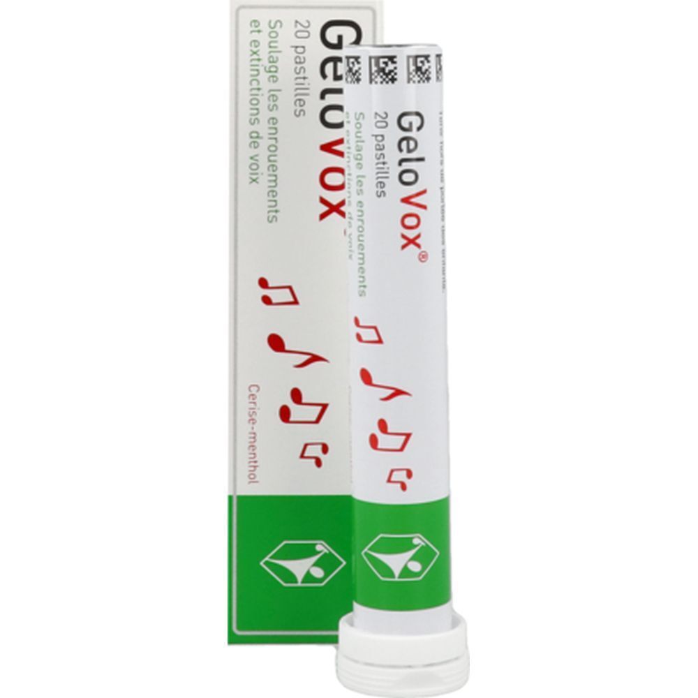 Tube de pastilles GeloVox, 20 unités. Emballage blanc et vert avec logo et notes de musique. Saveur cerise-menthol.