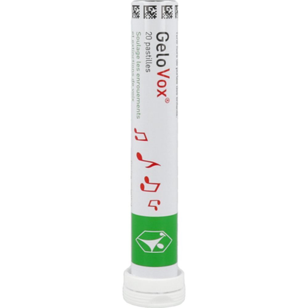 Tube de pastilles GeloVox, 20 unités. Emballage blanc et vert avec logo et notes de musique.